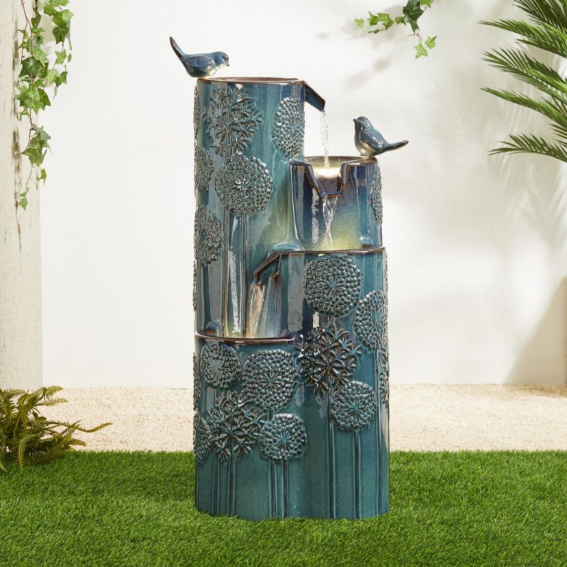 31.75"H 4-Tier Turquoise Dandelion Texture Vase-Shaped Ceramic Outdoor Floor Fountain with Birds, Pump, and LED Light (KD)