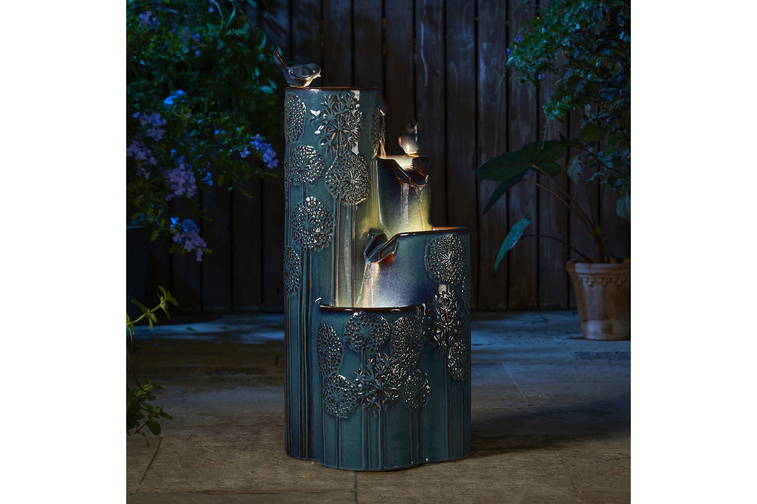 31.75"H 4-Tier Turquoise Dandelion Texture Vase-Shaped Ceramic Outdoor Floor Fountain with Birds, Pump, and LED Light (KD)