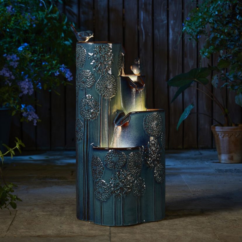 31.75"H 4-Tier Turquoise Dandelion Texture Vase-Shaped Ceramic Outdoor Floor Fountain with Birds, Pump, and LED Light (KD)