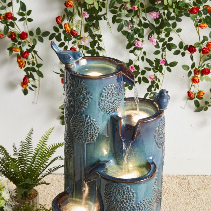 31.75"H 4-Tier Turquoise Dandelion Texture Vase-Shaped Ceramic Outdoor Floor Fountain with Birds, Pump, and LED Light (KD)