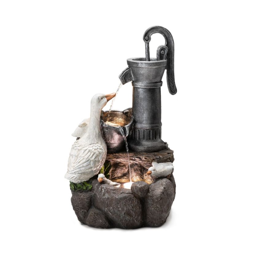 23.50"H Cute Duck Family Playing Around the Water Pump Polyresin Outdoor Fountain with Pump and LED Light (KD)