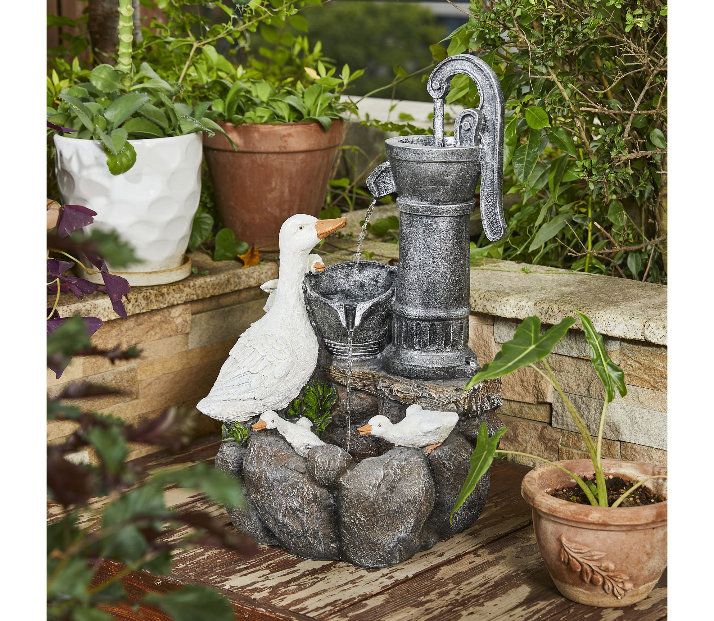 23.50"H Cute Duck Family Playing Around the Water Pump Polyresin Outdoor Fountain with Pump and LED Light (KD)
