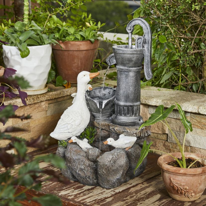 23.50"H Cute Duck Family Playing Around the Water Pump Polyresin Outdoor Fountain with Pump and LED Light (KD)