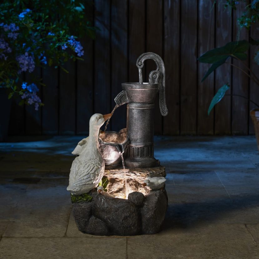 23.50"H Cute Duck Family Playing Around the Water Pump Polyresin Outdoor Fountain with Pump and LED Light (KD)