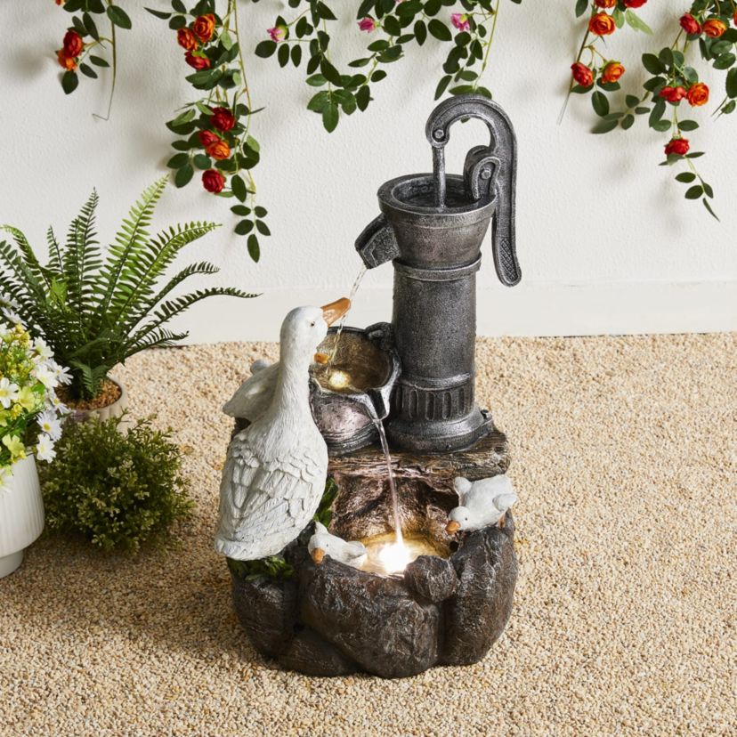 23.50"H Cute Duck Family Playing Around the Water Pump Polyresin Outdoor Fountain with Pump and LED Light (KD)