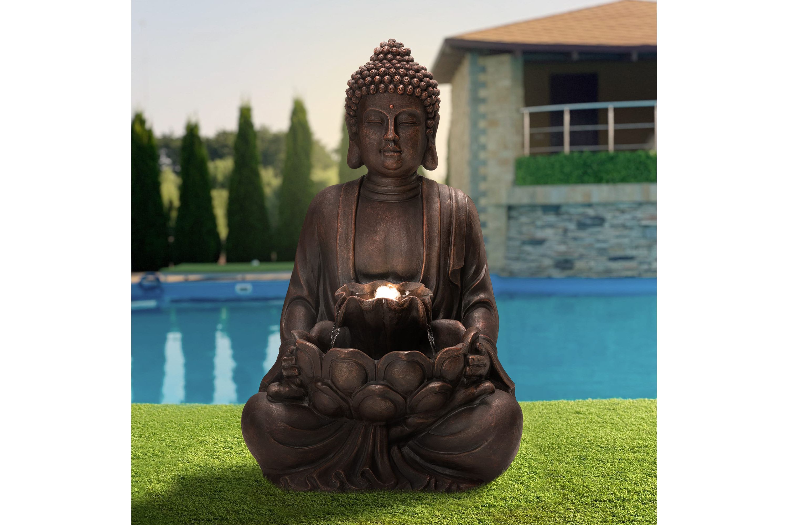 23.25"H Zen Style Meditating Buddha Statue Polyresin Outdoor Fountain with Pump and LED Light (KD)