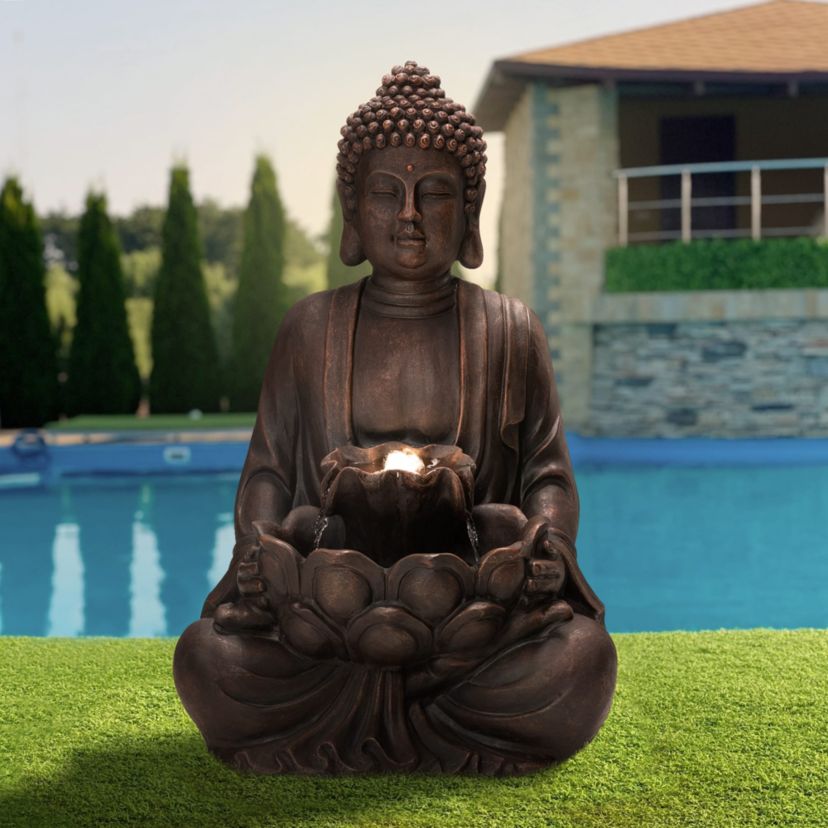 23.25"H Zen Style Meditating Buddha Statue Polyresin Outdoor Fountain with Pump and LED Light (KD)