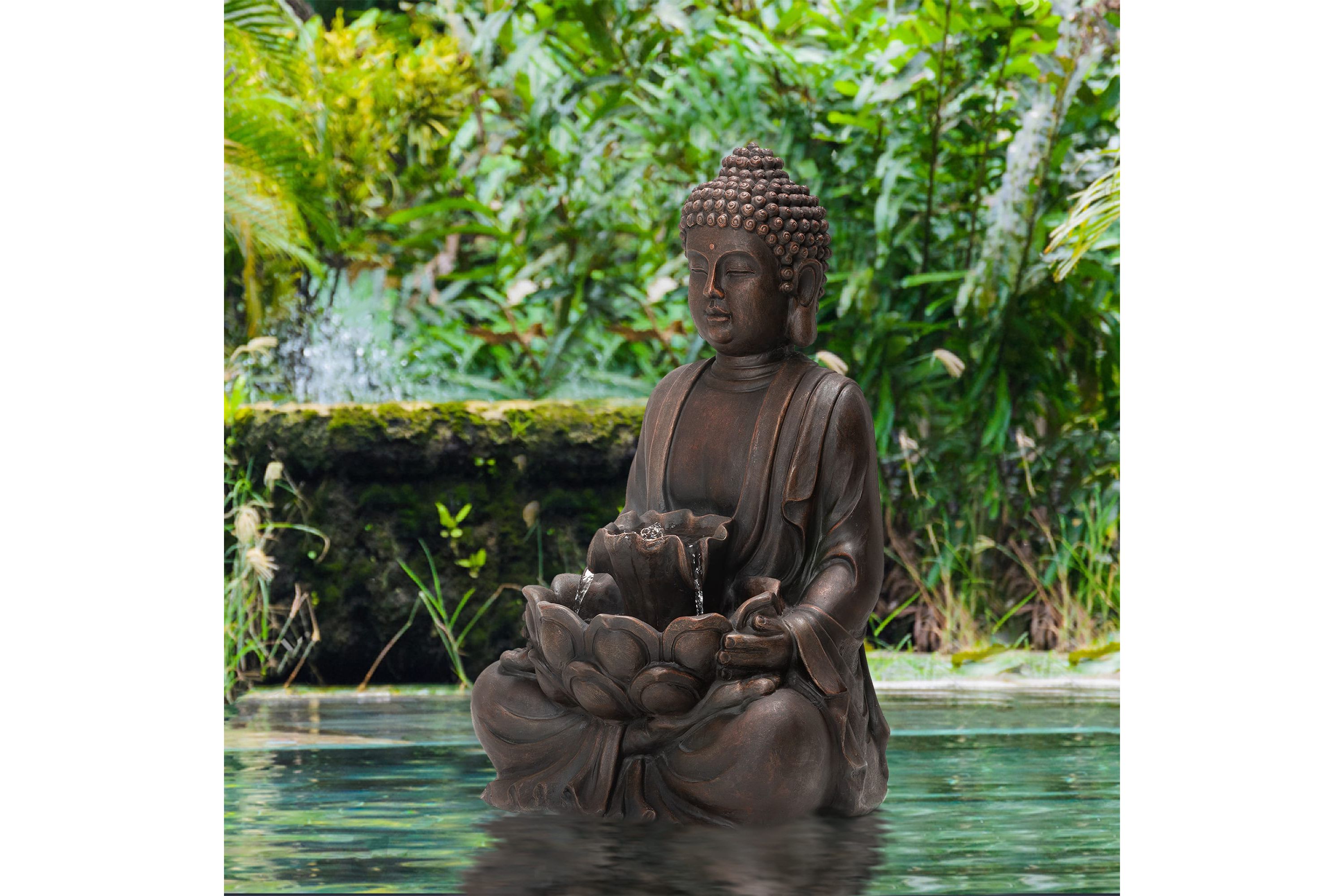 23.25"H Zen Style Meditating Buddha Statue Polyresin Outdoor Fountain with Pump and LED Light (KD)