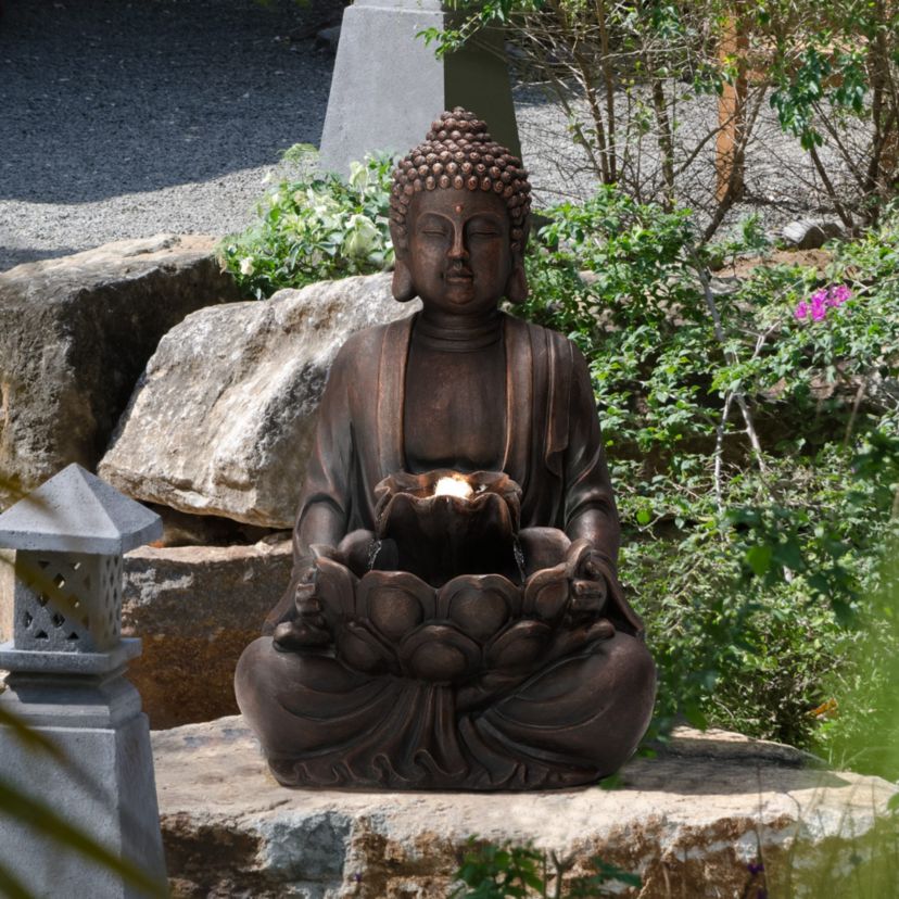 23.25"H Zen Style Meditating Buddha Statue Polyresin Outdoor Fountain with Pump and LED Light (KD)