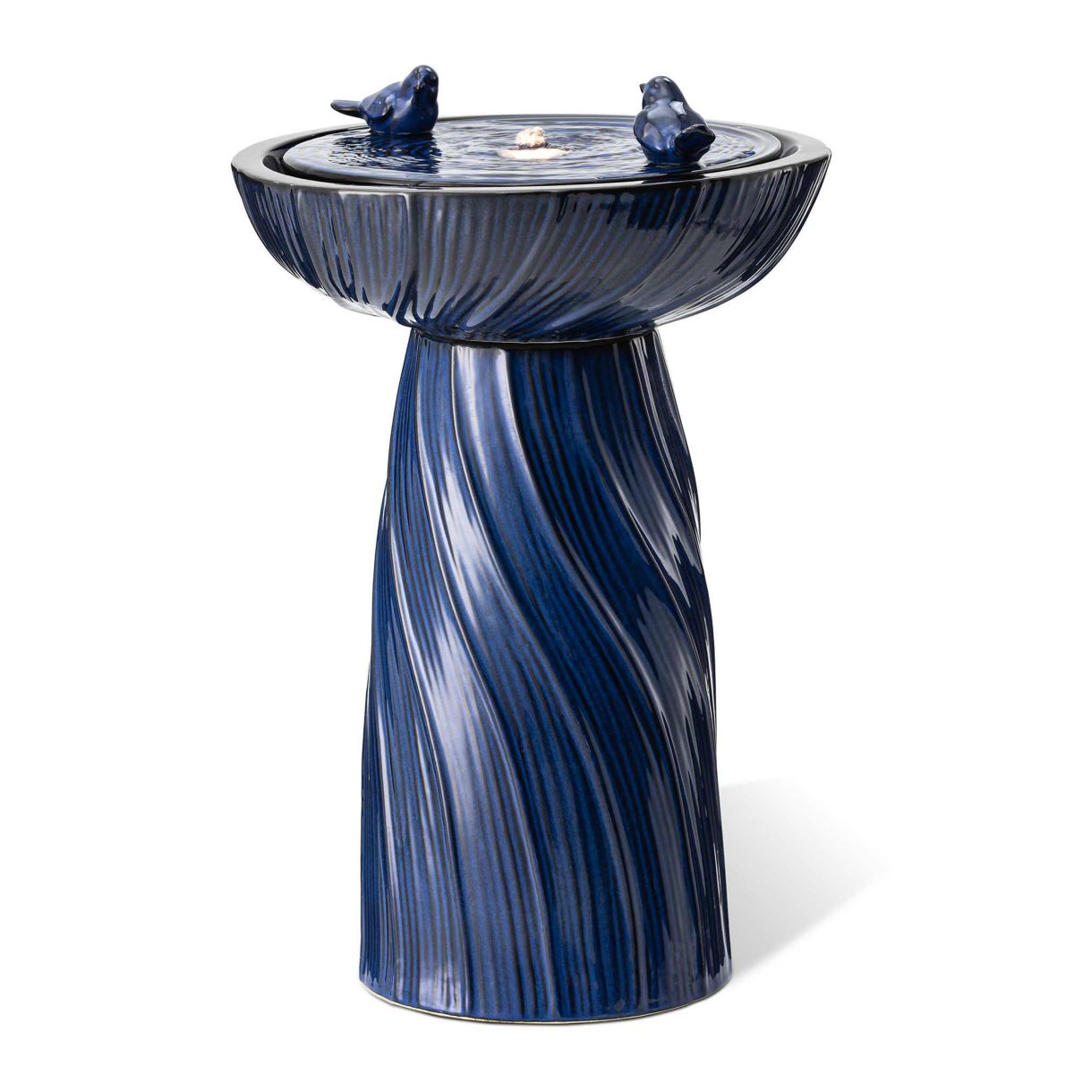 24.75"H Cobalt Blue Twist Textured Birdbath Ceramic Outdoor Floor Fountain with Two Birds, Pump and LED Light (KD)