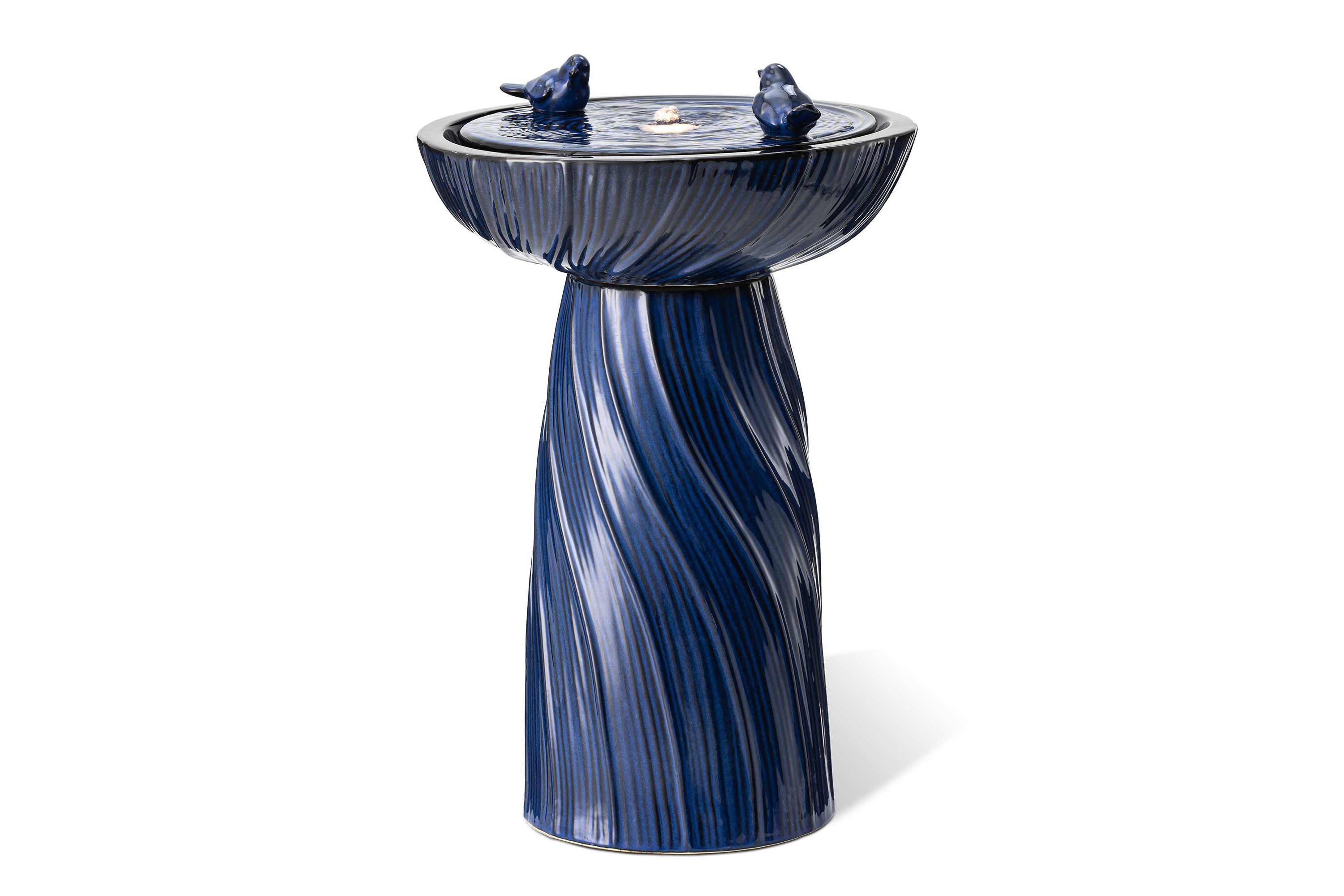 24.75"H Cobalt Blue Twist Textured Birdbath Ceramic Outdoor Floor Fountain with Two Birds, Pump and LED Light (KD)