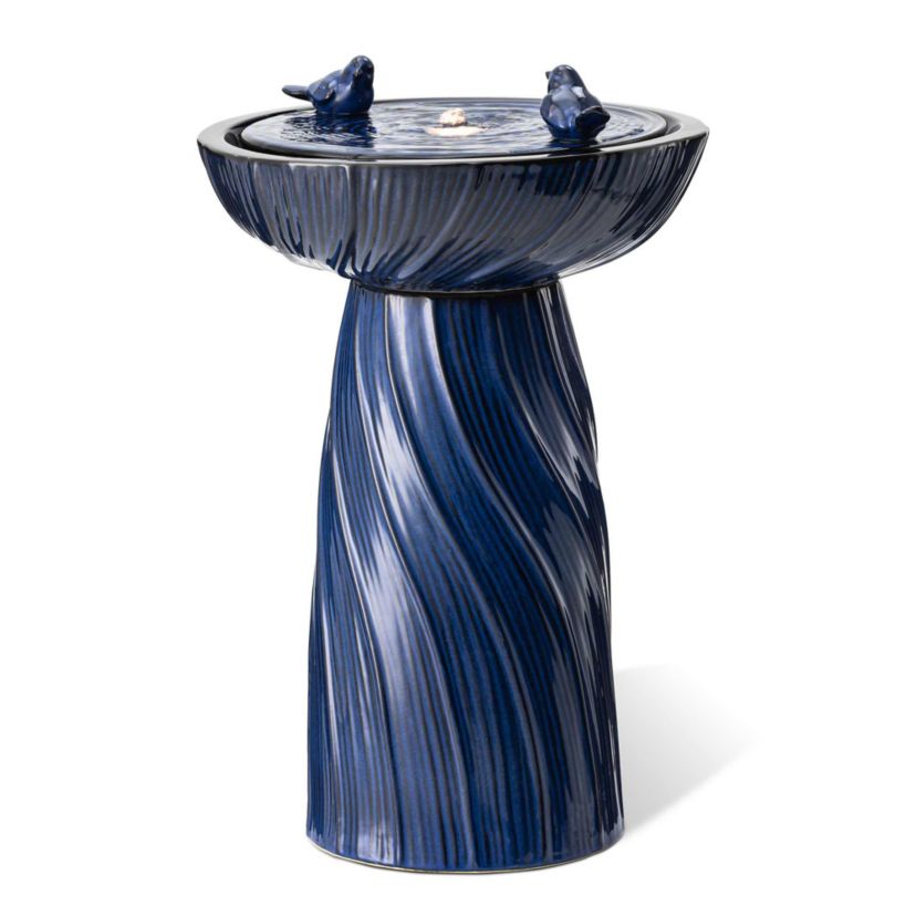 24.75"H Cobalt Blue Twist Textured Birdbath Ceramic Outdoor Floor Fountain with Two Birds, Pump and LED Light (KD)