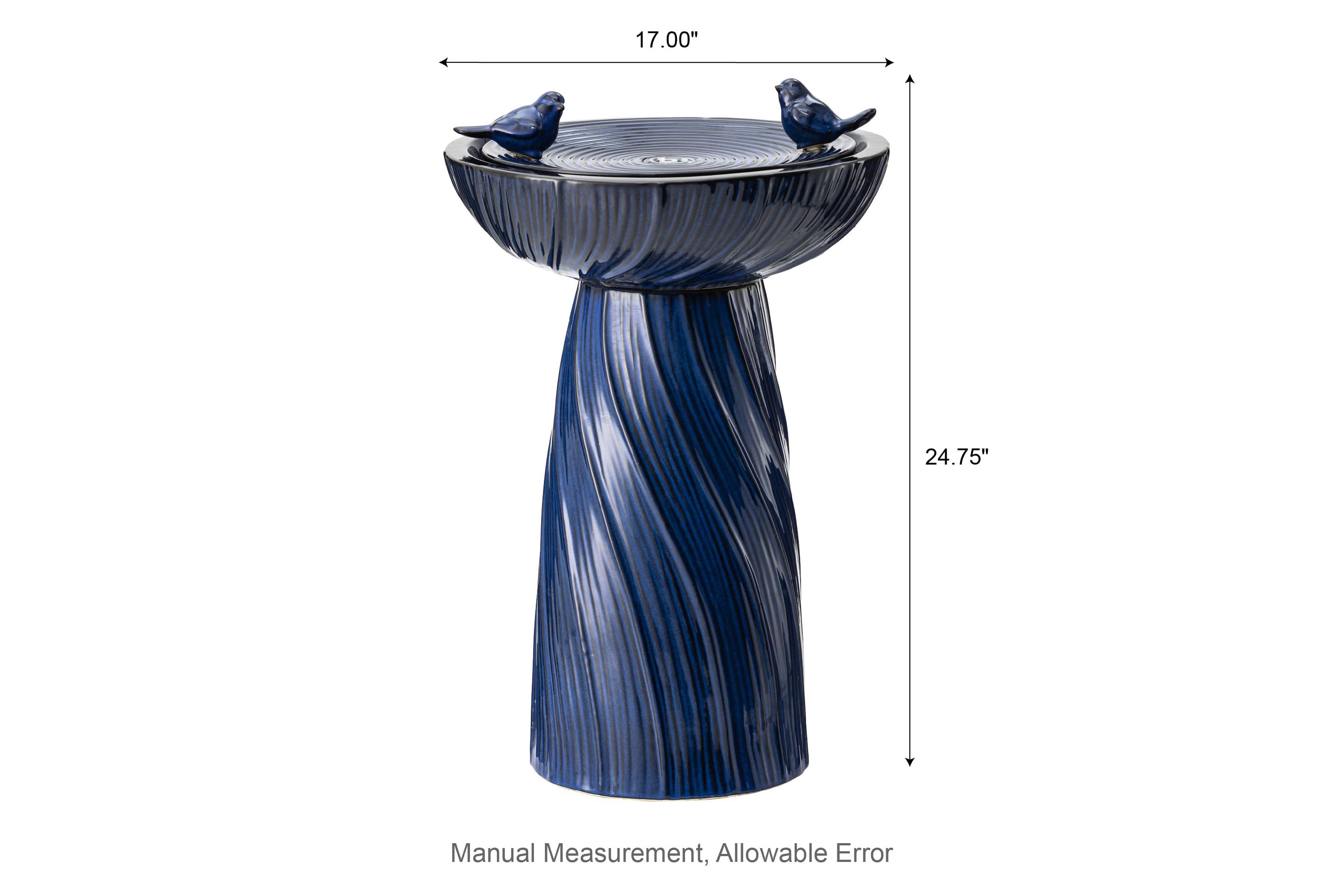 24.75"H Cobalt Blue Twist Textured Birdbath Ceramic Outdoor Floor Fountain with Two Birds, Pump and LED Light (KD)