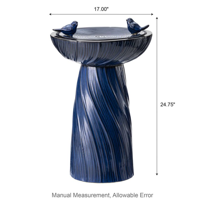 24.75"H Cobalt Blue Twist Textured Birdbath Ceramic Outdoor Floor Fountain with Two Birds, Pump and LED Light (KD)