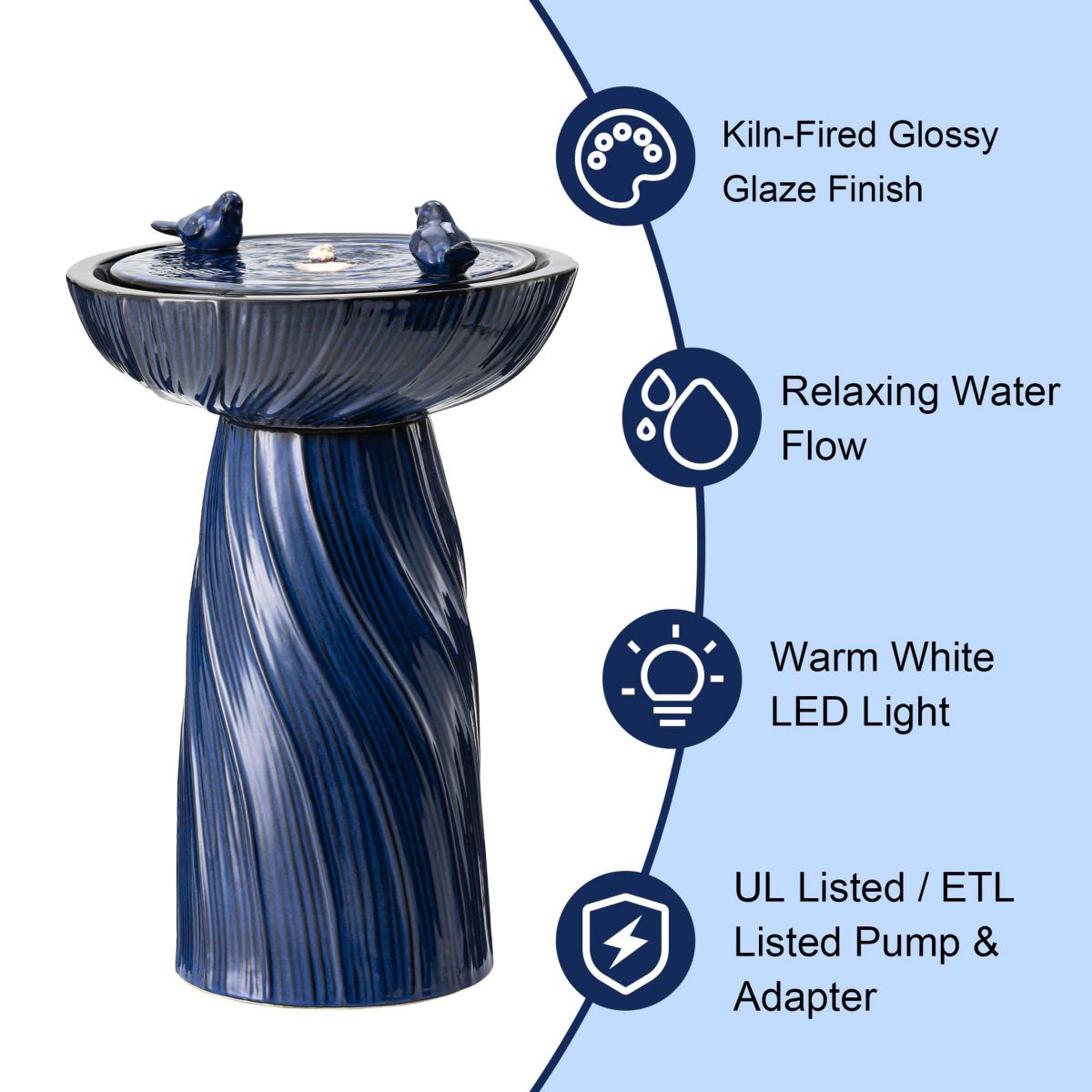24.75"H Cobalt Blue Twist Textured Birdbath Ceramic Outdoor Floor Fountain with Two Birds, Pump and LED Light (KD)