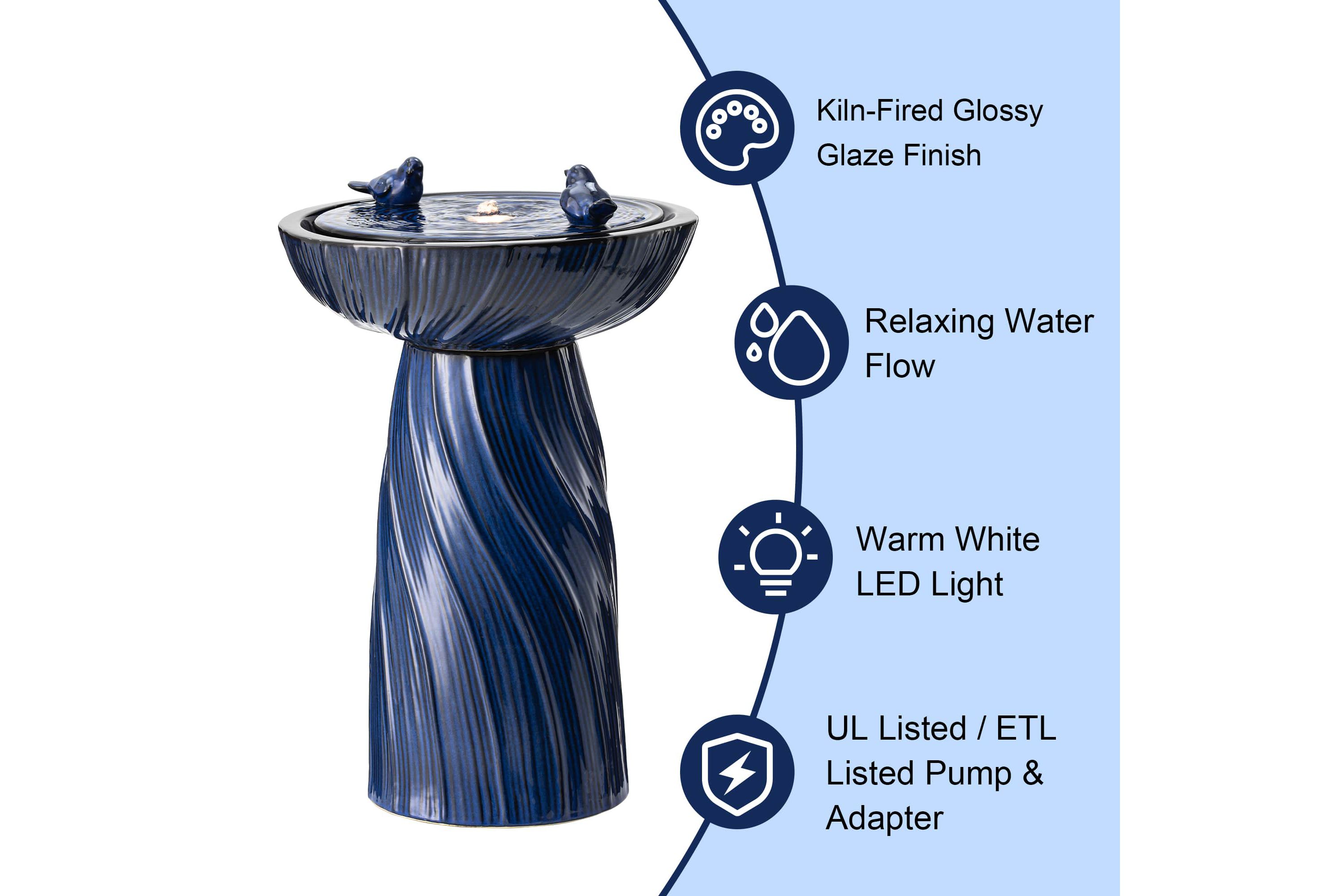 24.75"H Cobalt Blue Twist Textured Birdbath Ceramic Outdoor Floor Fountain with Two Birds, Pump and LED Light (KD)