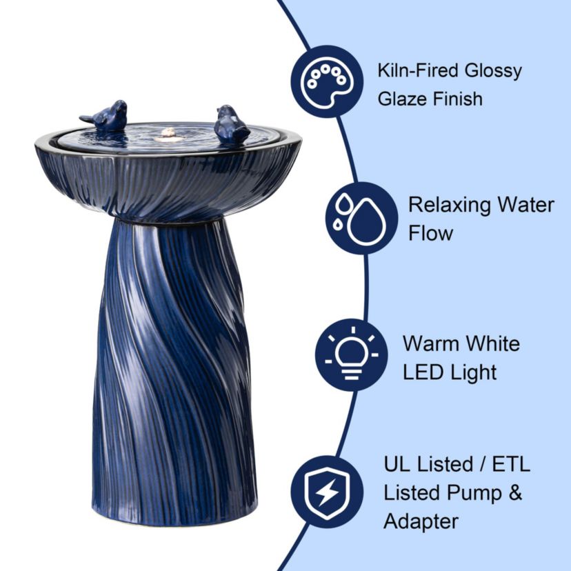 24.75"H Cobalt Blue Twist Textured Birdbath Ceramic Outdoor Floor Fountain with Two Birds, Pump and LED Light (KD)