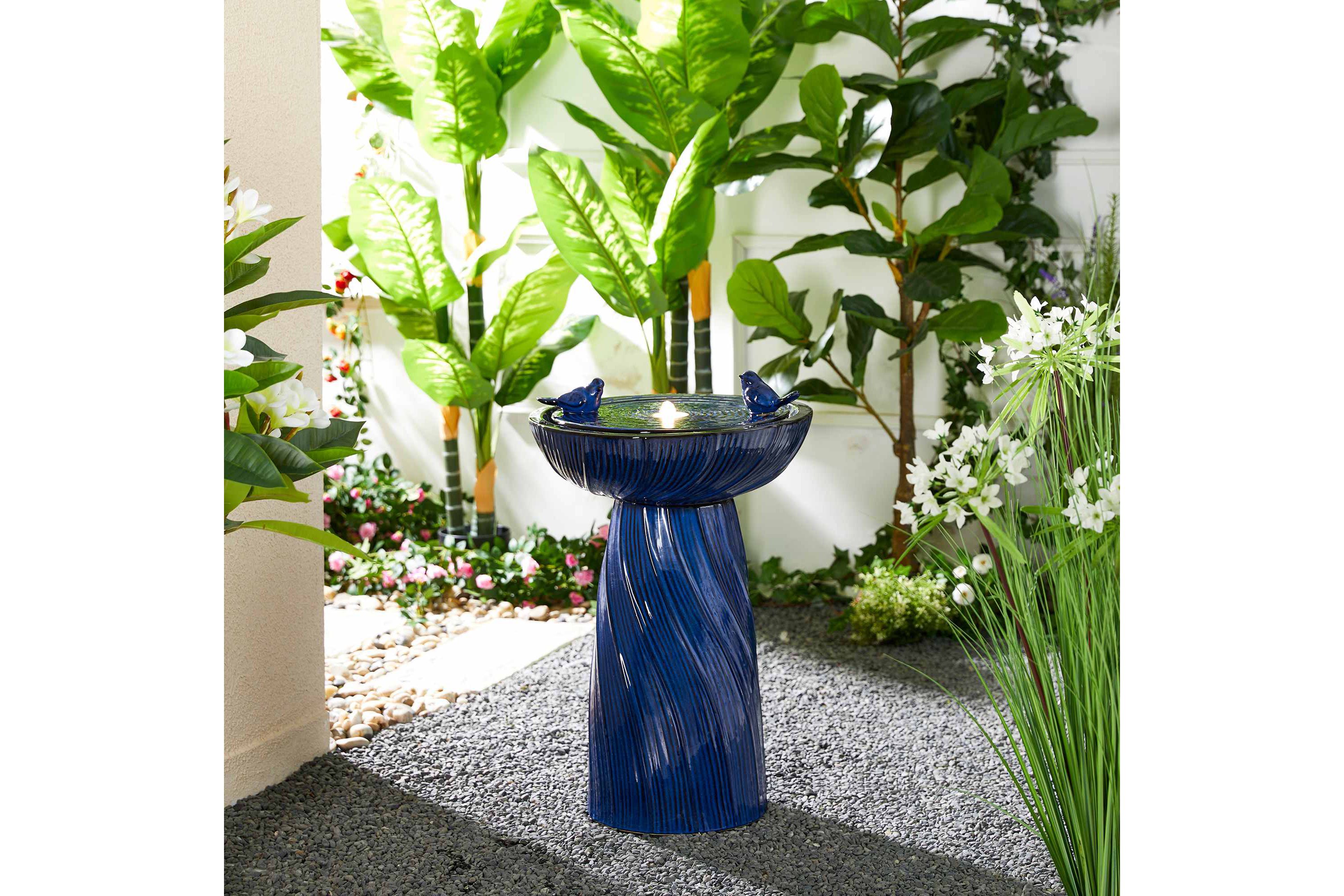 24.75"H Cobalt Blue Twist Textured Birdbath Ceramic Outdoor Floor Fountain with Two Birds, Pump and LED Light (KD)