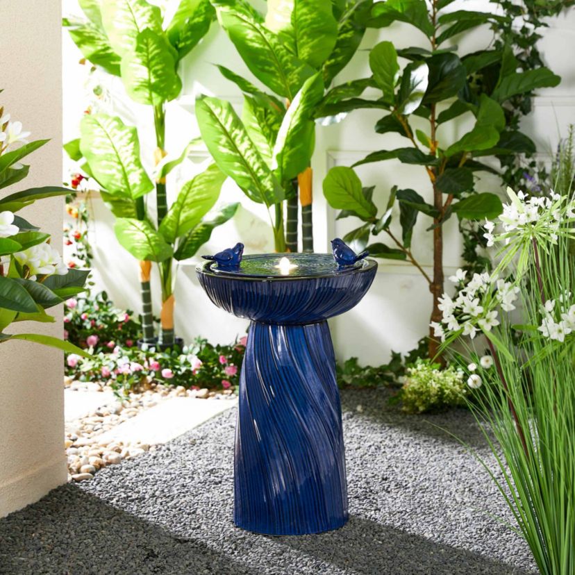 24.75"H Cobalt Blue Twist Textured Birdbath Ceramic Outdoor Floor Fountain with Two Birds, Pump and LED Light (KD)