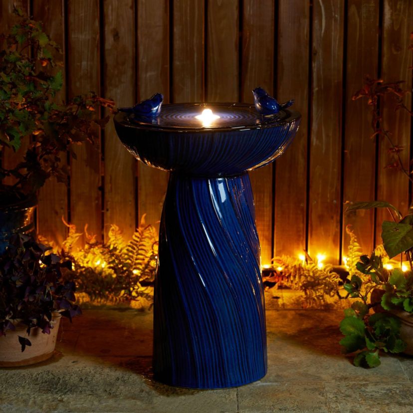 24.75"H Cobalt Blue Twist Textured Birdbath Ceramic Outdoor Floor Fountain with Two Birds, Pump and LED Light (KD)