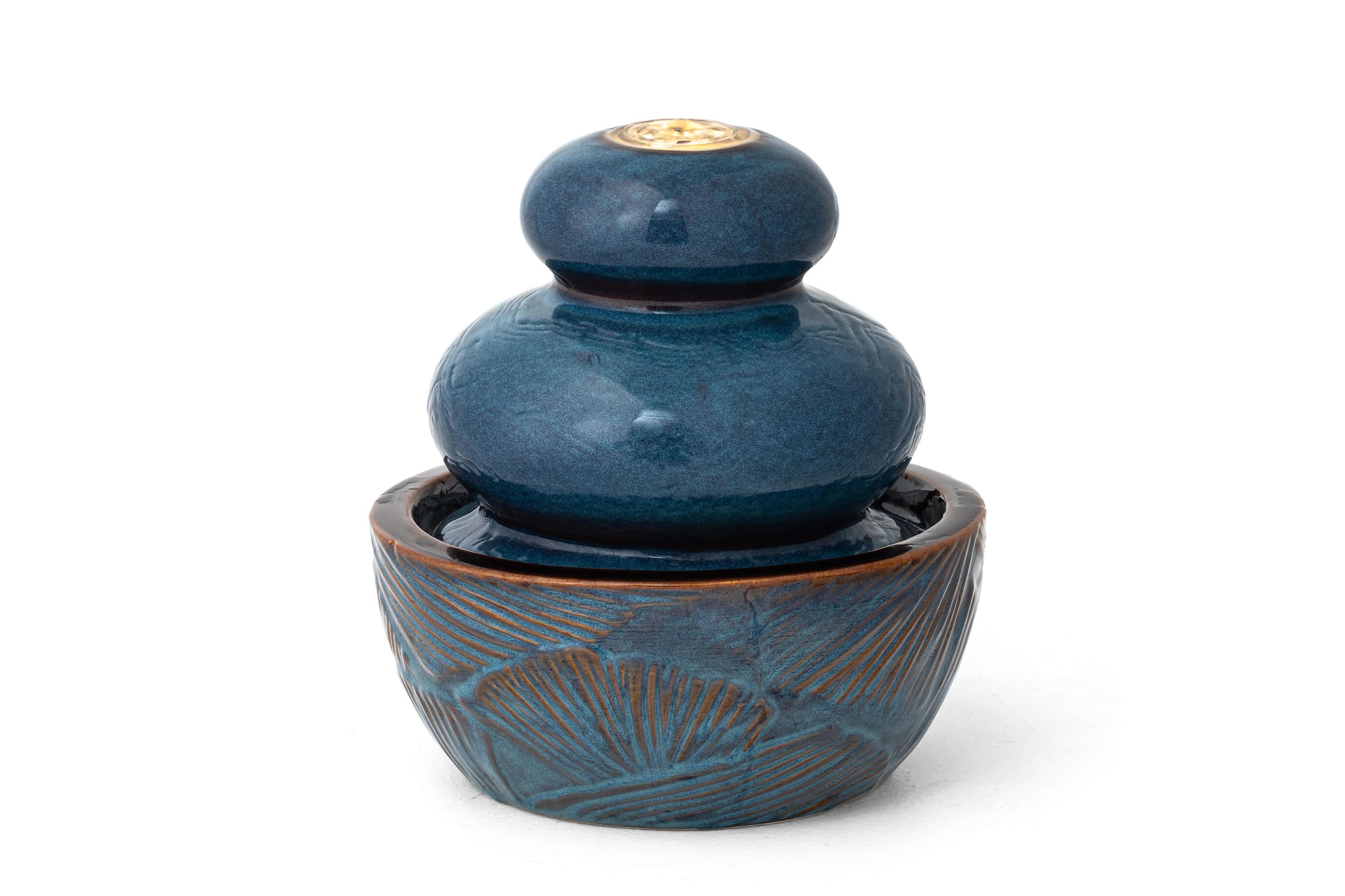 8.75H Turquoise Leaf Textured Ceramic Tabletop Fountain with Pump and LED light (KD)