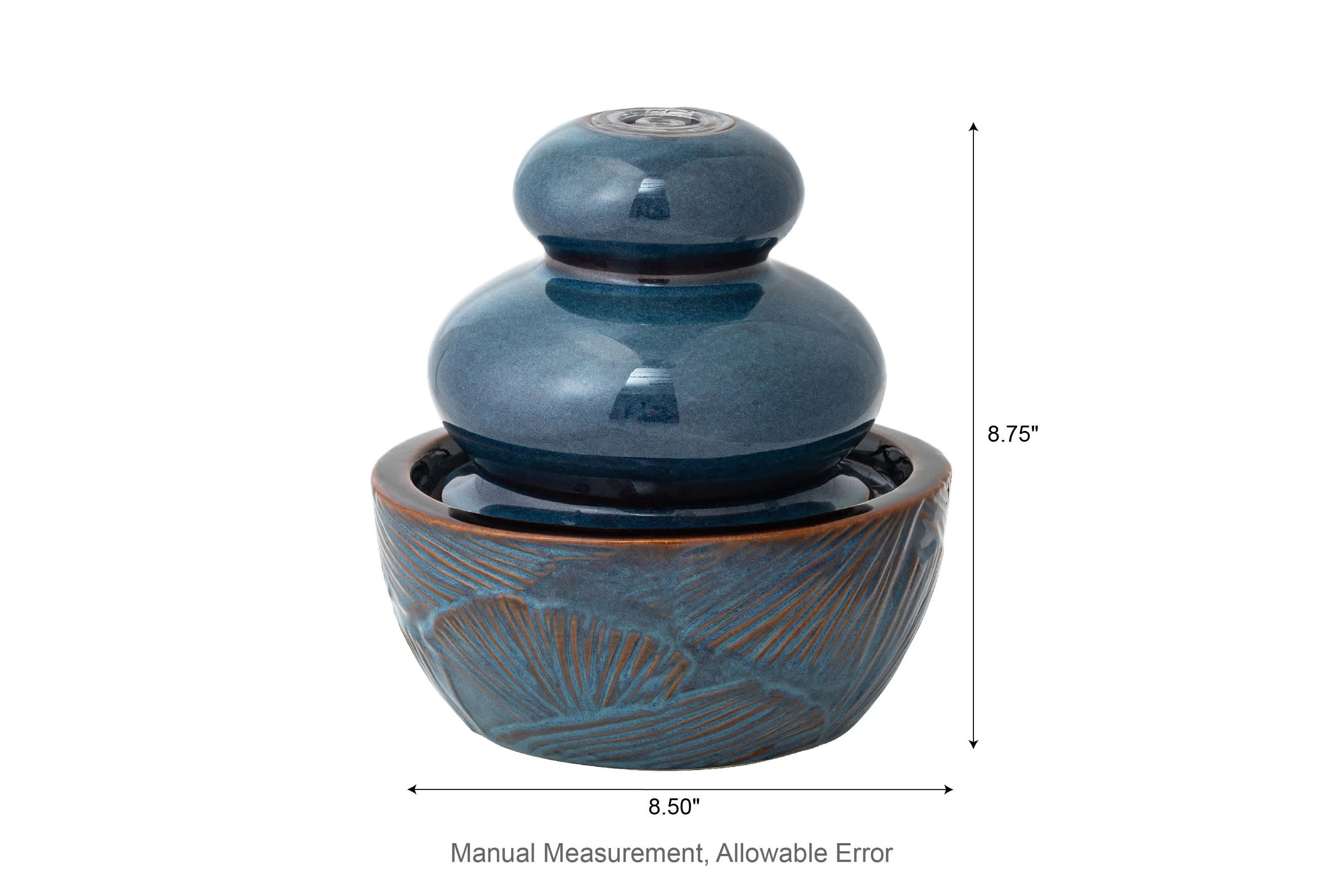 8.75H Turquoise Leaf Textured Ceramic Tabletop Fountain with Pump and LED light (KD)