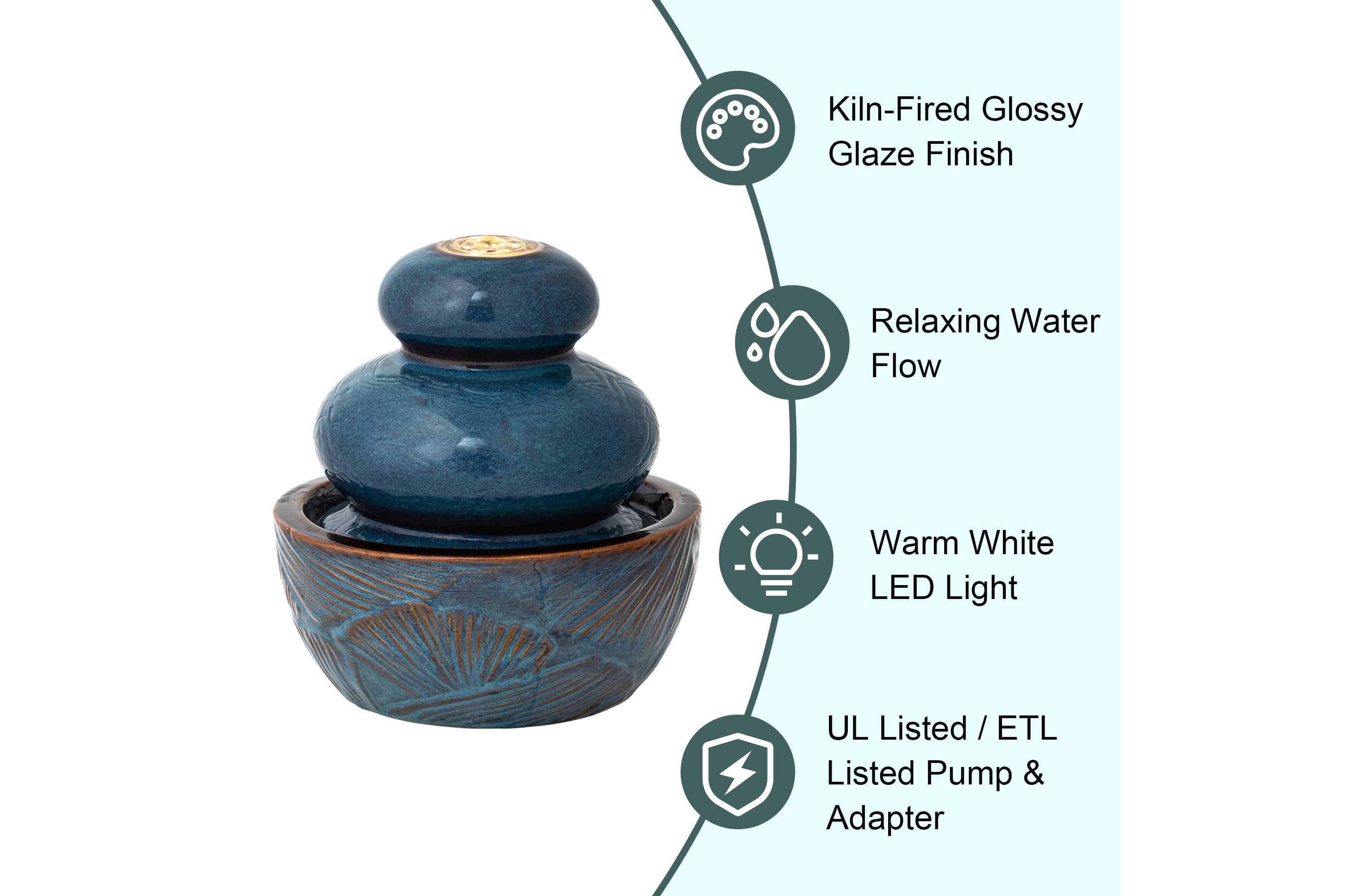 8.75H Turquoise Leaf Textured Ceramic Tabletop Fountain with Pump and LED light (KD)