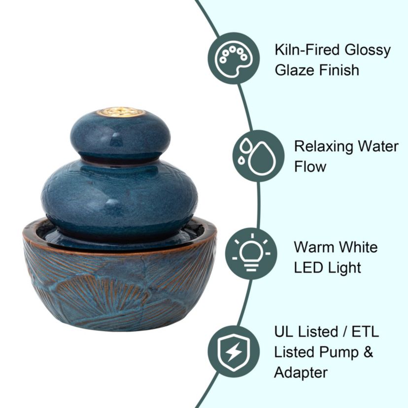8.75H Turquoise Leaf Textured Ceramic Tabletop Fountain with Pump and LED light (KD)