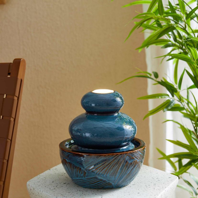 8.75H Turquoise Leaf Textured Ceramic Tabletop Fountain with Pump and LED light (KD)