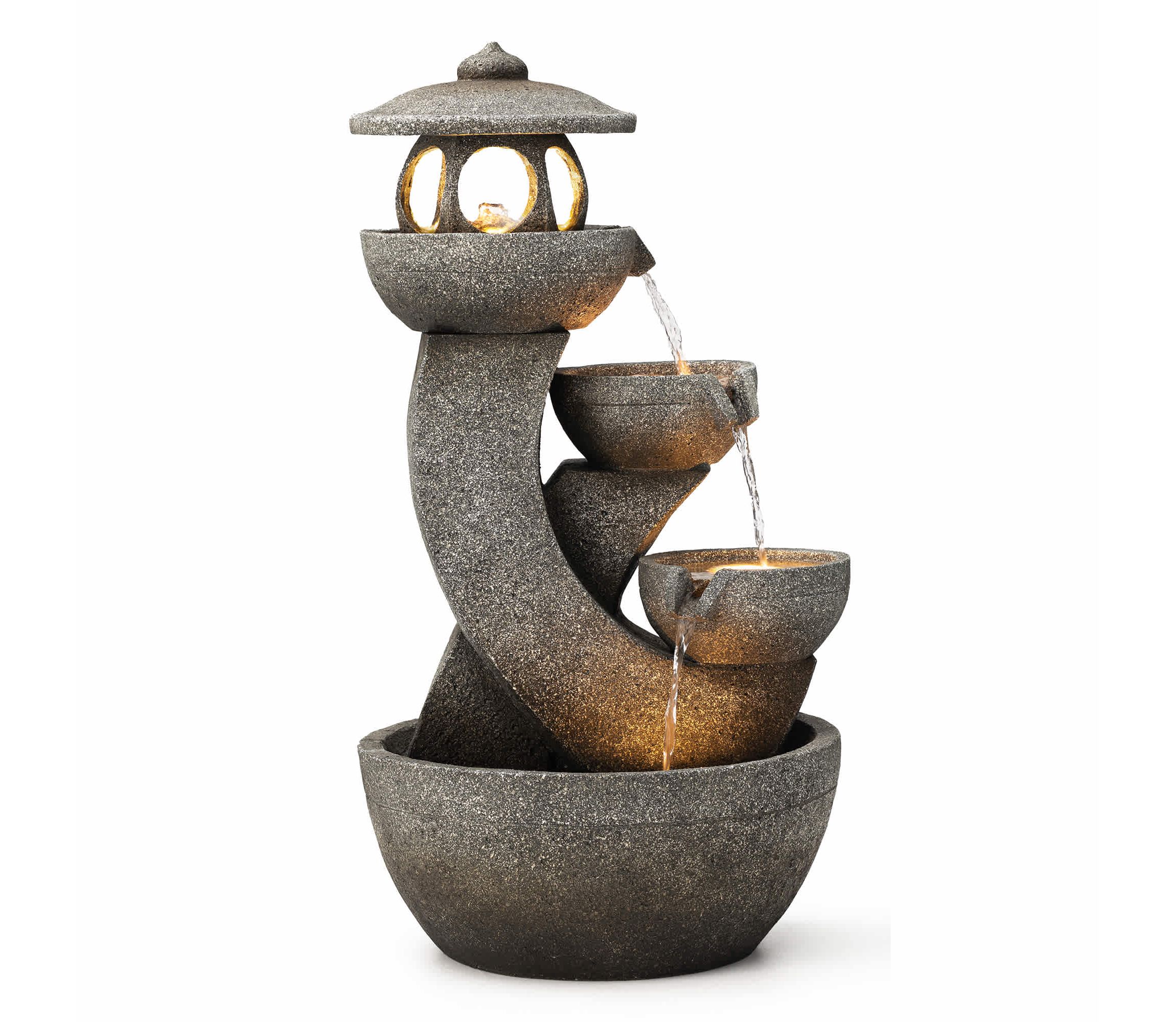 32"H 4-Tiered Pagoda Polyresin Outdoor Fountain with Pump and LED Light (KD)