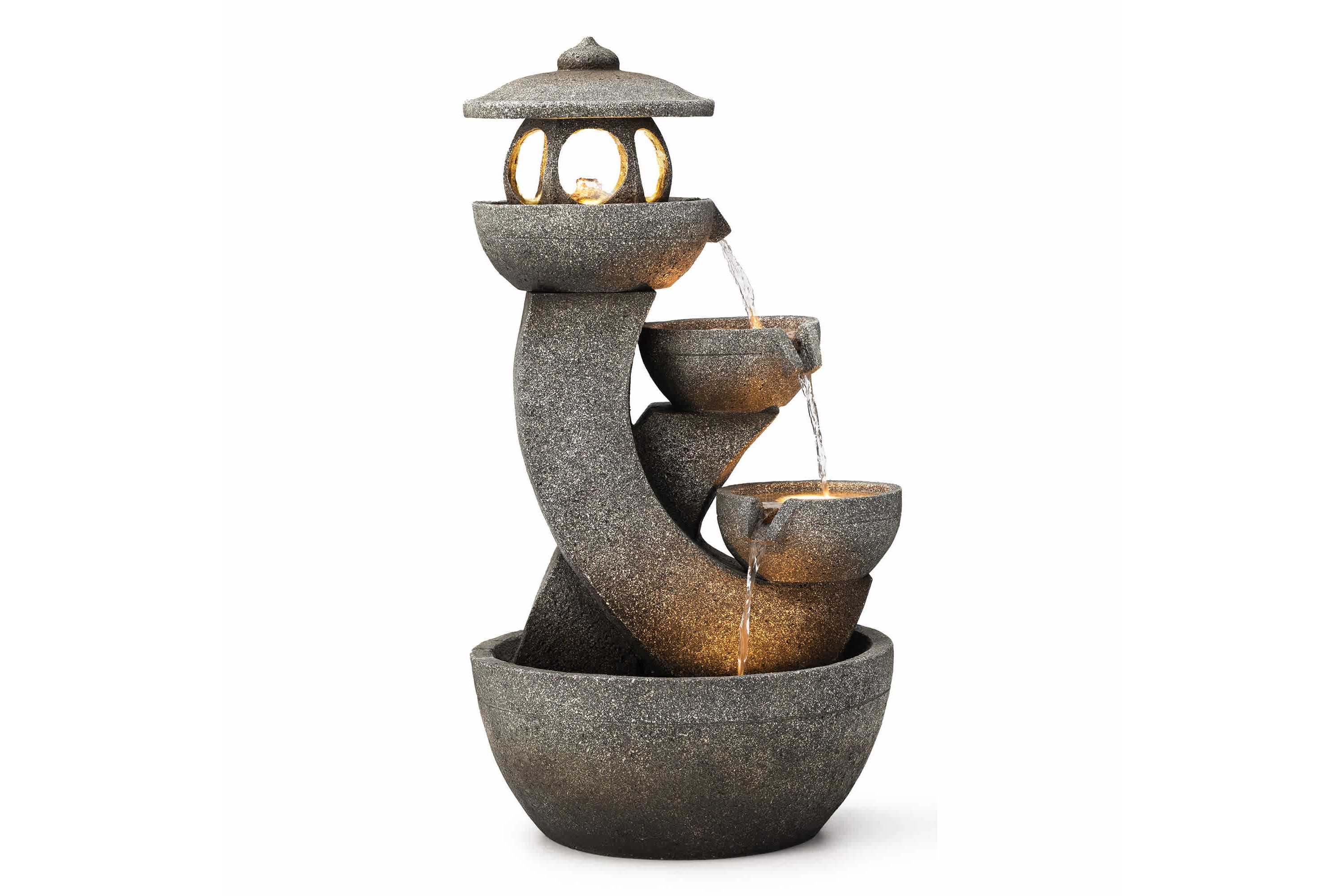 32"H 4-Tiered Pagoda Polyresin Outdoor Fountain with Pump and LED Light (KD)