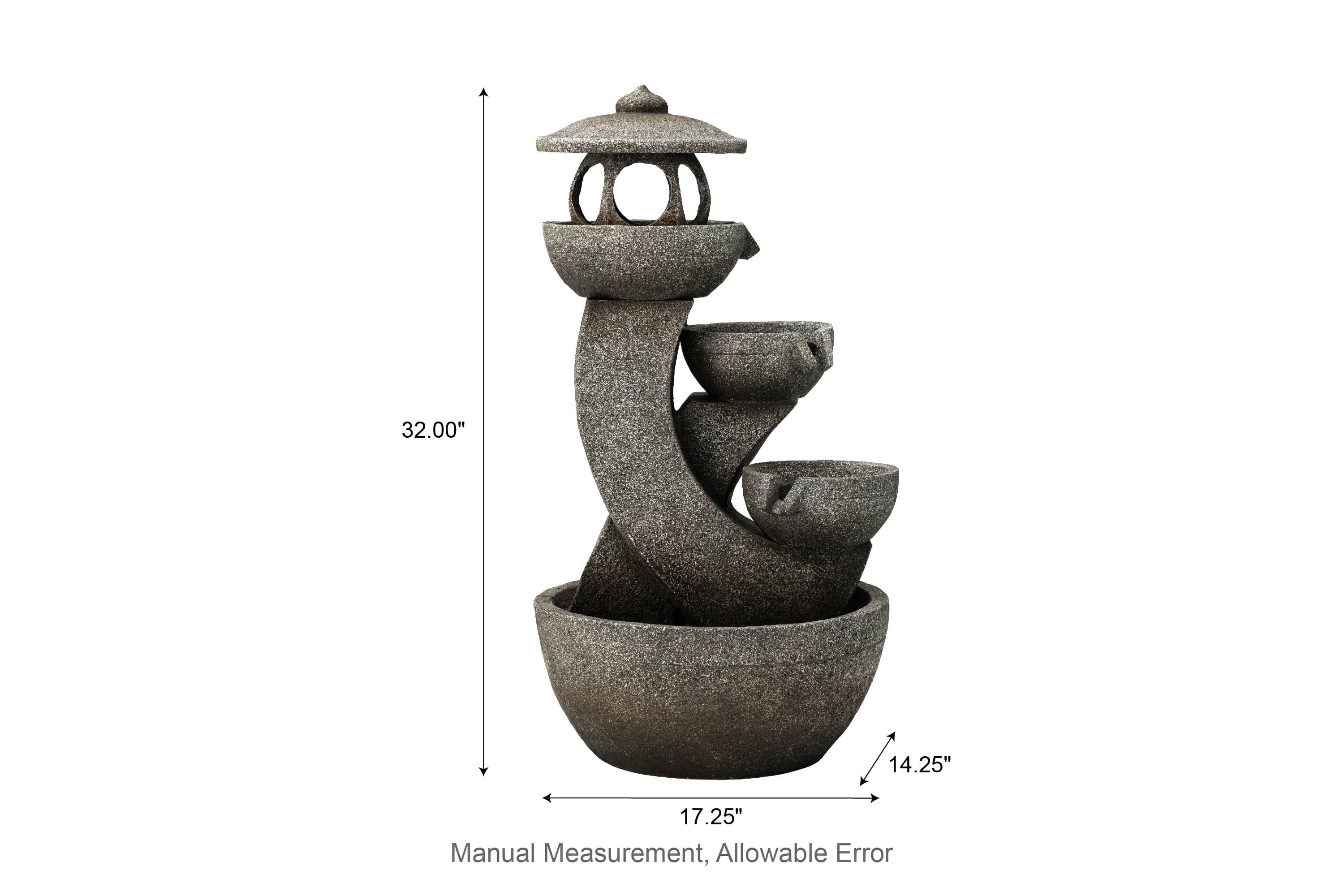 32"H 4-Tiered Pagoda Polyresin Outdoor Fountain with Pump and LED Light (KD)