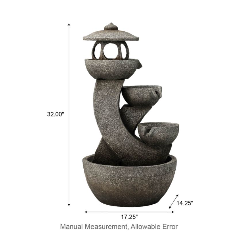 32"H 4-Tiered Pagoda Polyresin Outdoor Fountain with Pump and LED Light (KD)