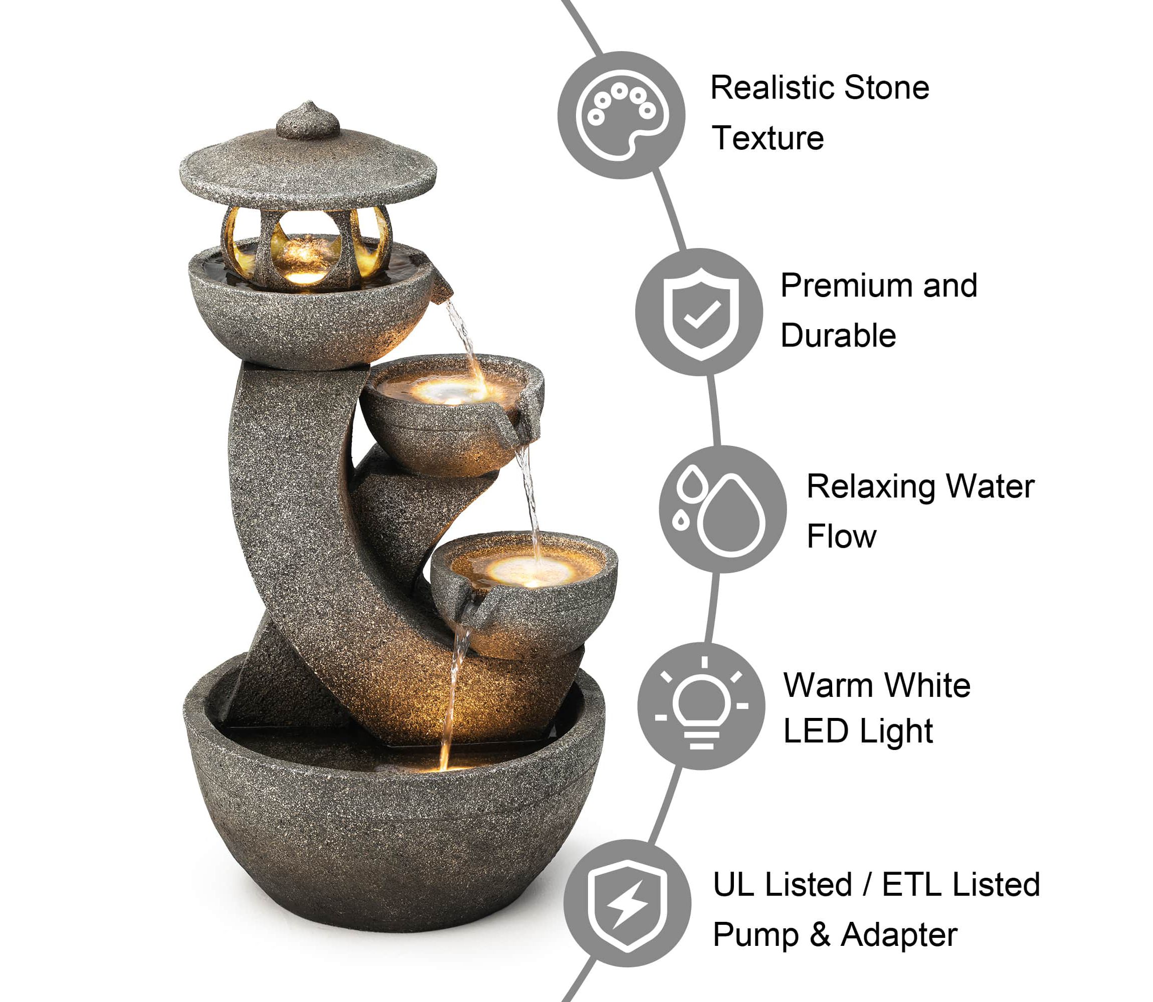 32"H 4-Tiered Pagoda Polyresin Outdoor Fountain with Pump and LED Light (KD)