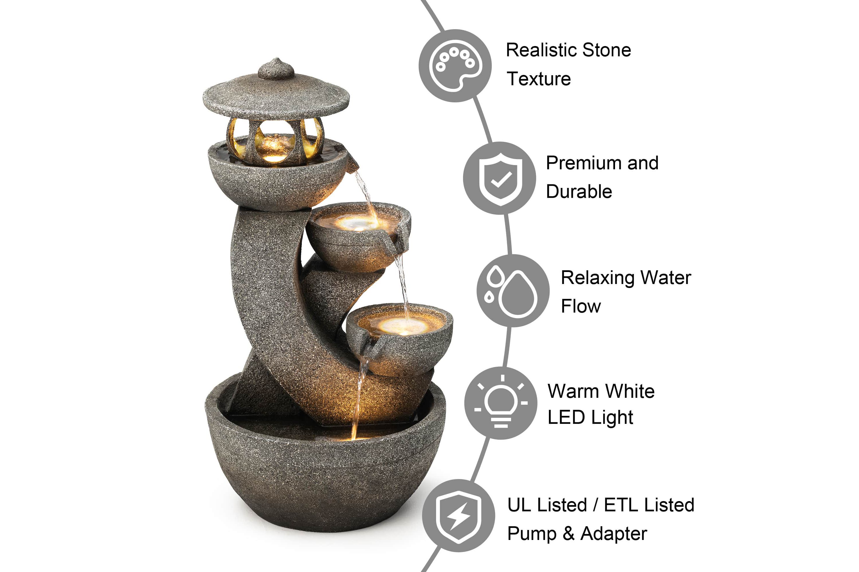 32"H 4-Tiered Pagoda Polyresin Outdoor Fountain with Pump and LED Light (KD)