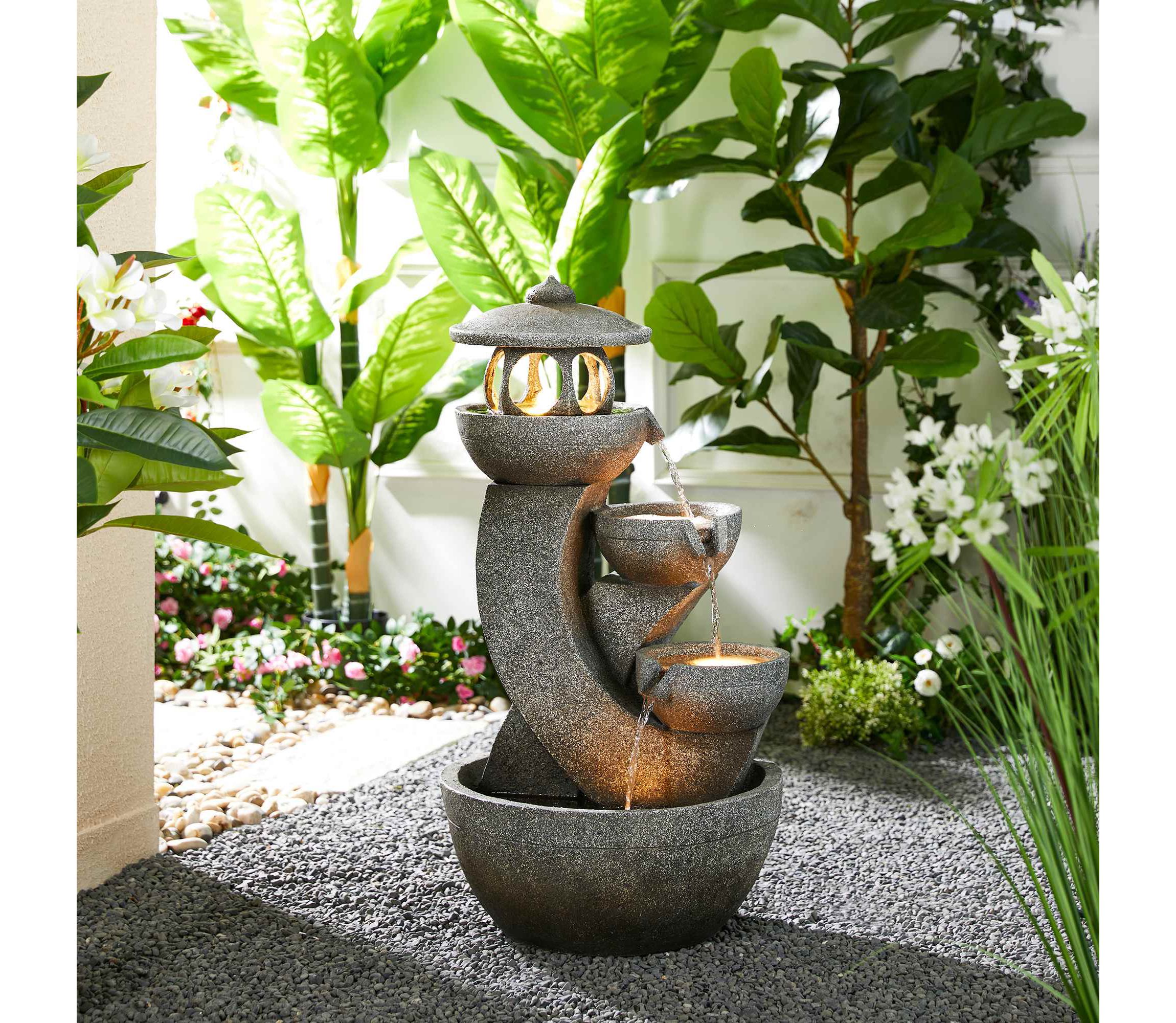 32"H 4-Tiered Pagoda Polyresin Outdoor Fountain with Pump and LED Light (KD)