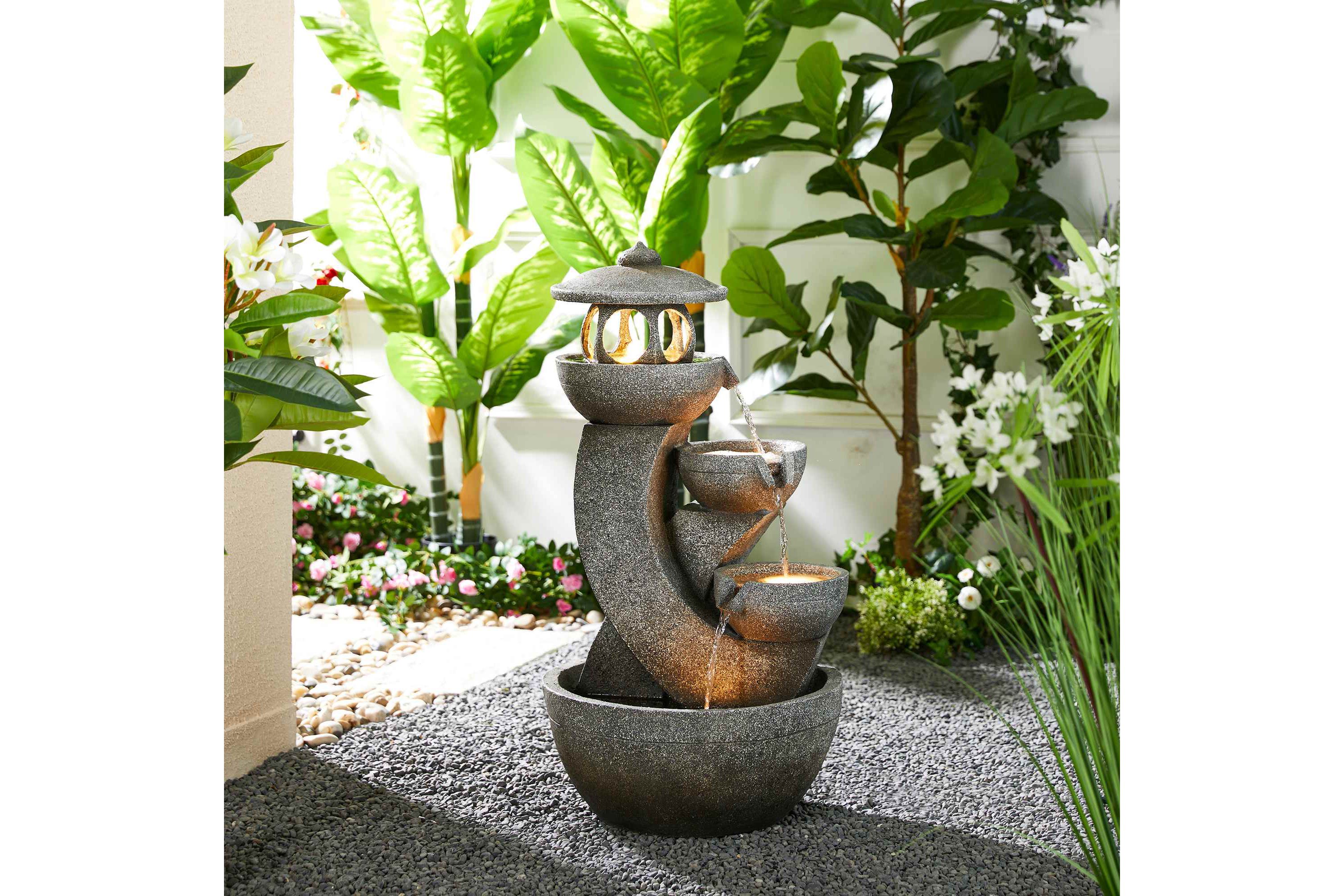 32"H 4-Tiered Pagoda Polyresin Outdoor Fountain with Pump and LED Light (KD)