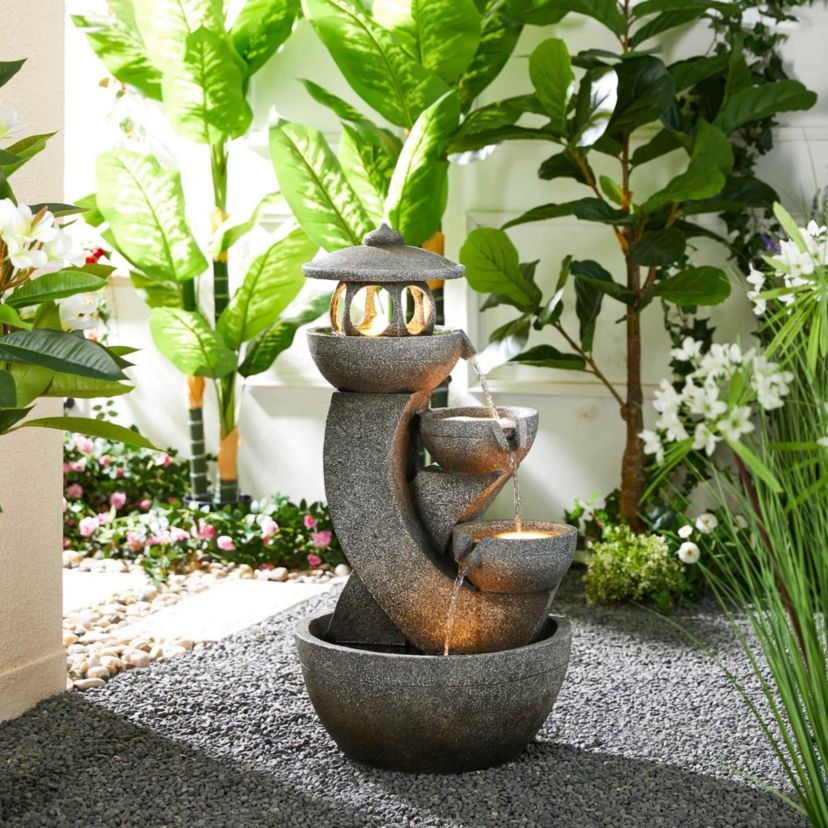32"H 4-Tiered Pagoda Polyresin Outdoor Fountain with Pump and LED Light (KD)