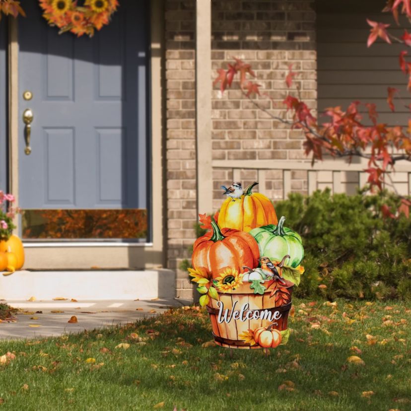 30.25"H Fall Metal Pumpkins with Barrel Yard Stake(KD, Two function)