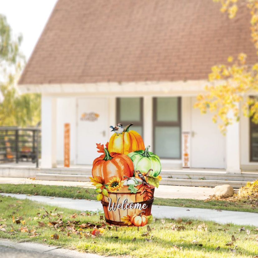 30.25"H Fall Metal Pumpkins with Barrel Yard Stake(KD, Two function)