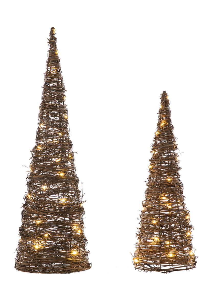 Set of 2 Lighted Rattan Christmas Table Tree Decor