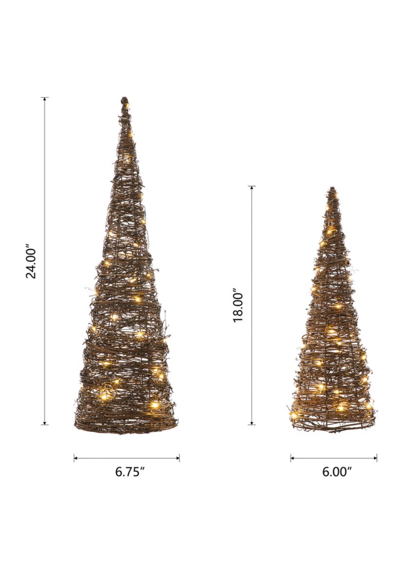 Set of 2 Lighted Rattan Christmas Table Tree Decor