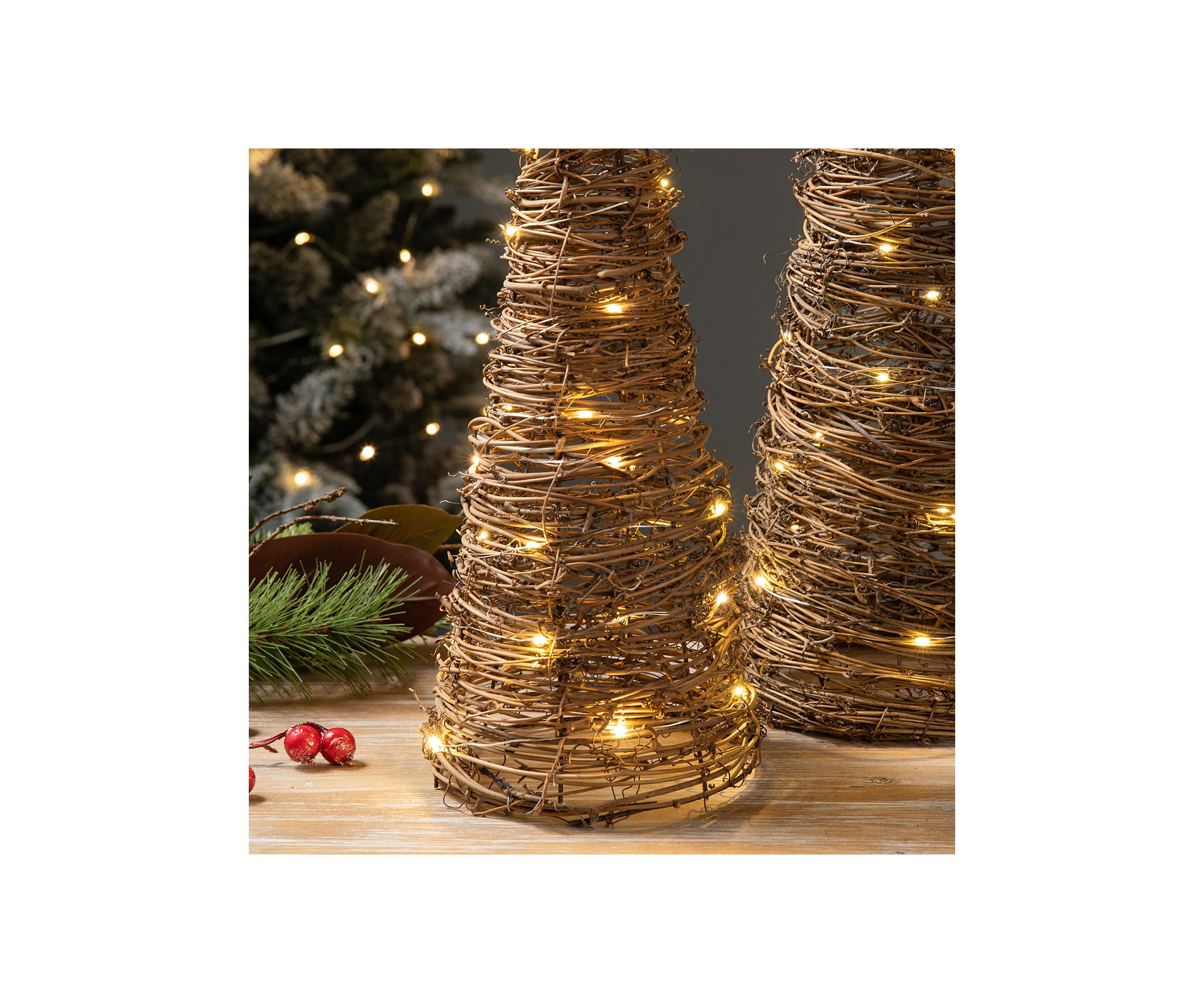 Set of 2 Lighted Rattan Christmas Table Tree Decor