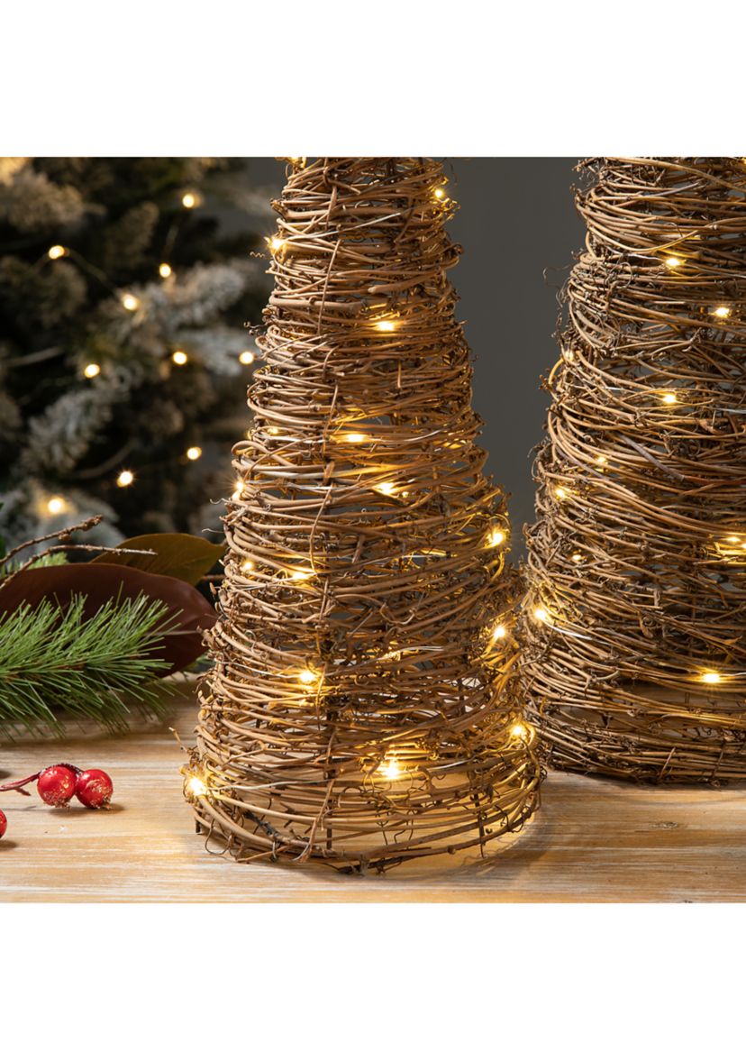 Set of 2 Lighted Rattan Christmas Table Tree Decor