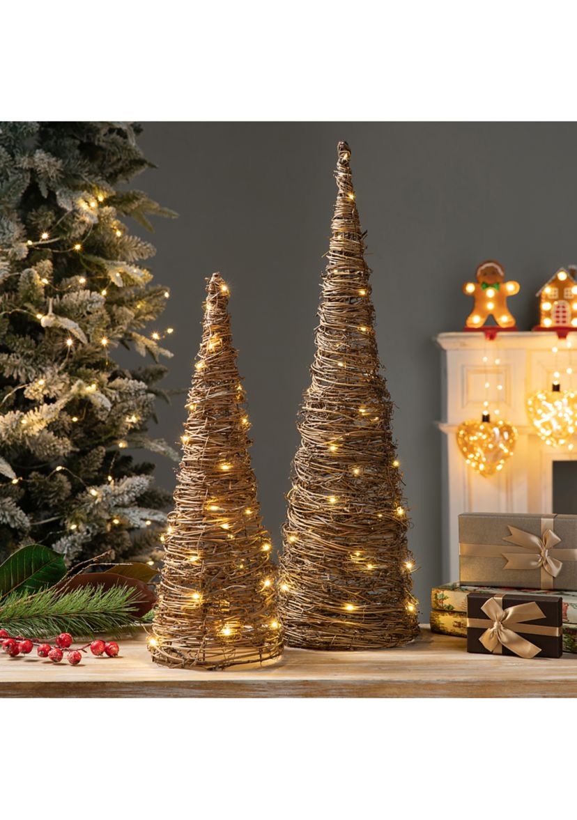 Set of 2 Lighted Rattan Christmas Table Tree Decor