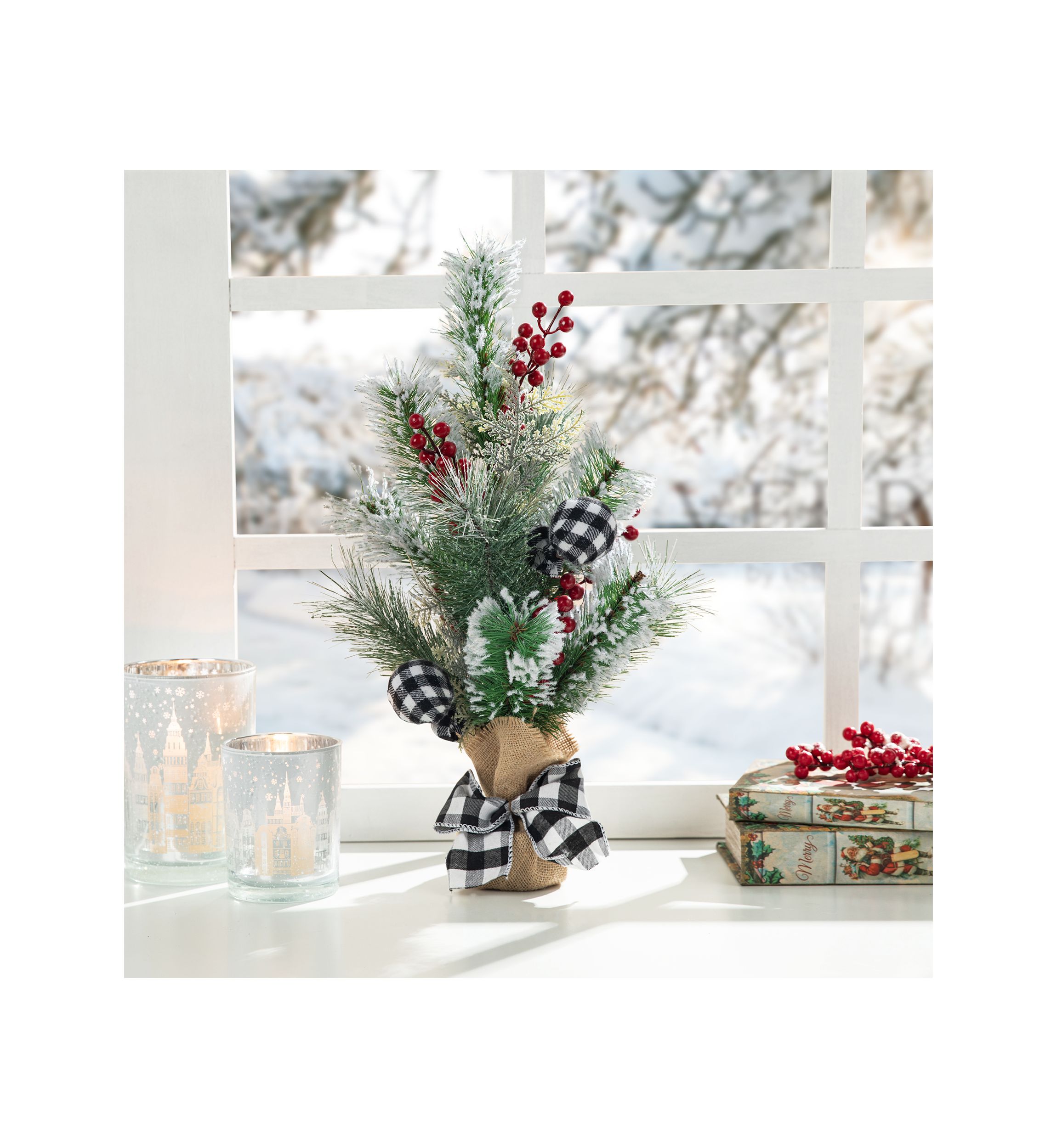21-inchH Flocked Pine and Berries Table Tree