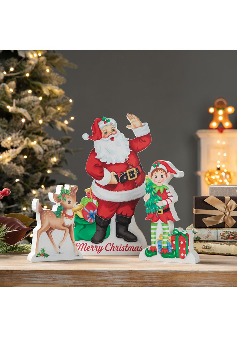Set of 3 Wooden Christmas Santa, ELF, Reindeer Table Decor