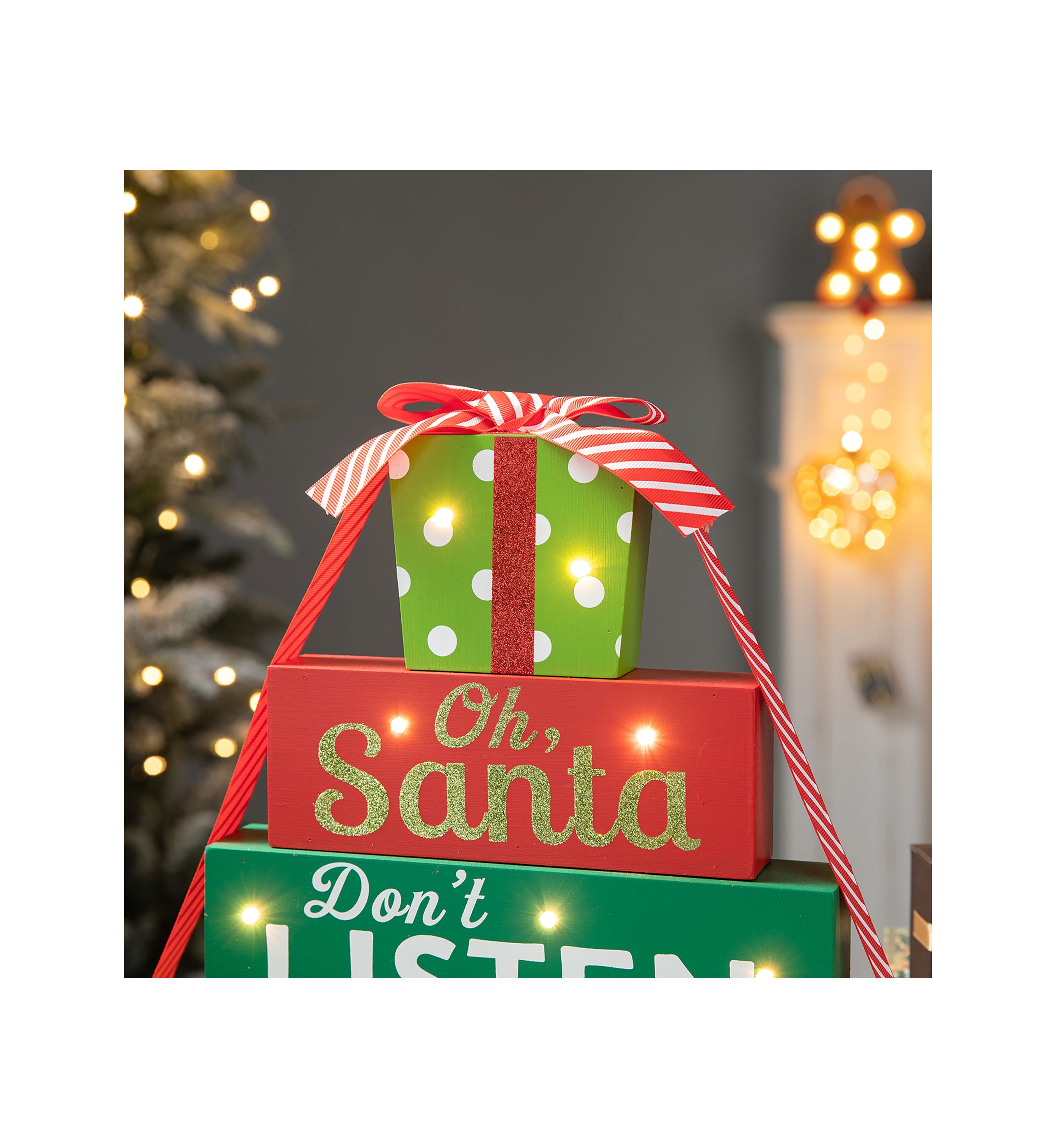 Lighted Wooden Christmas Gift Block Table Decor