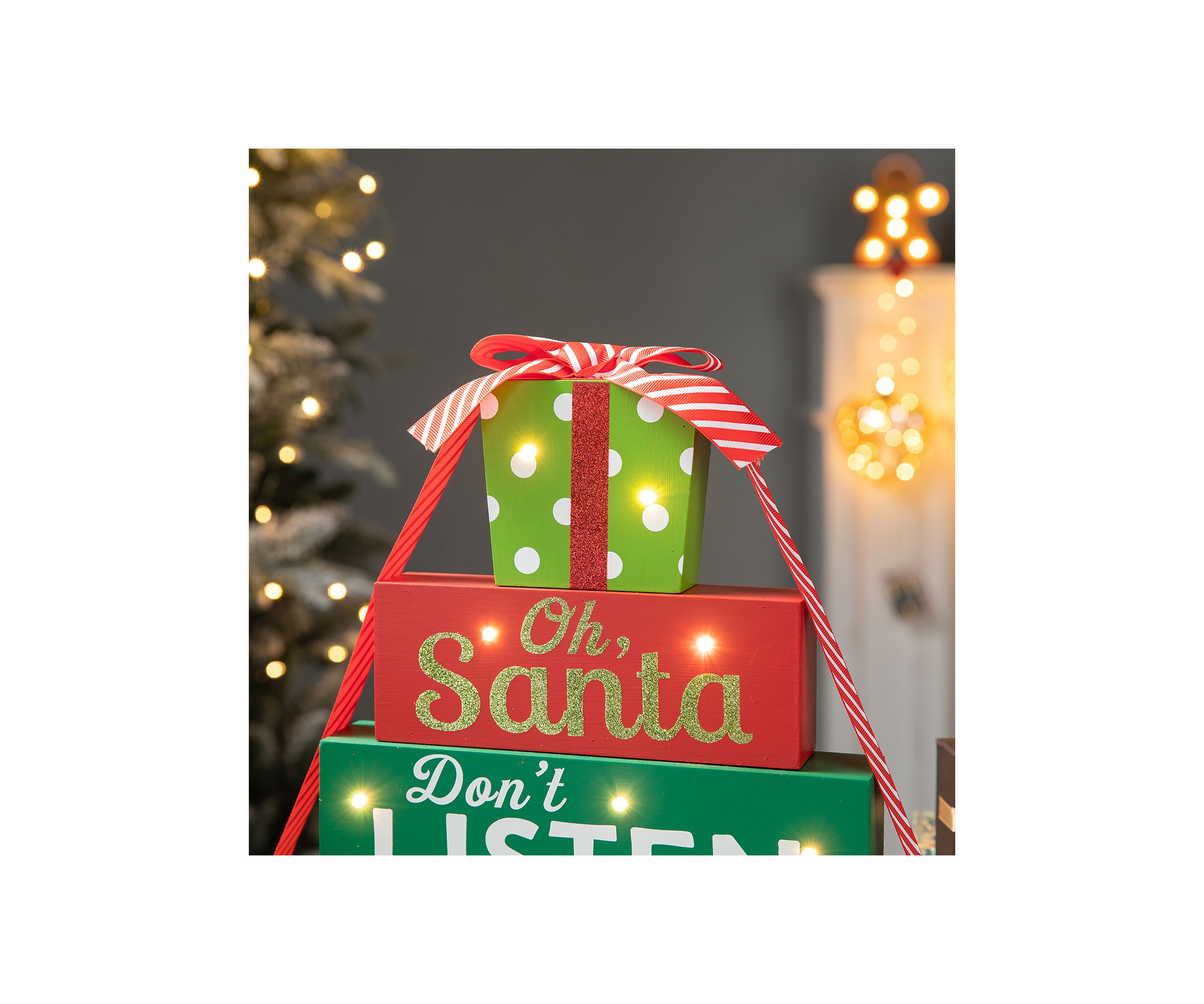 Lighted Wooden Christmas Gift Block Table Decor