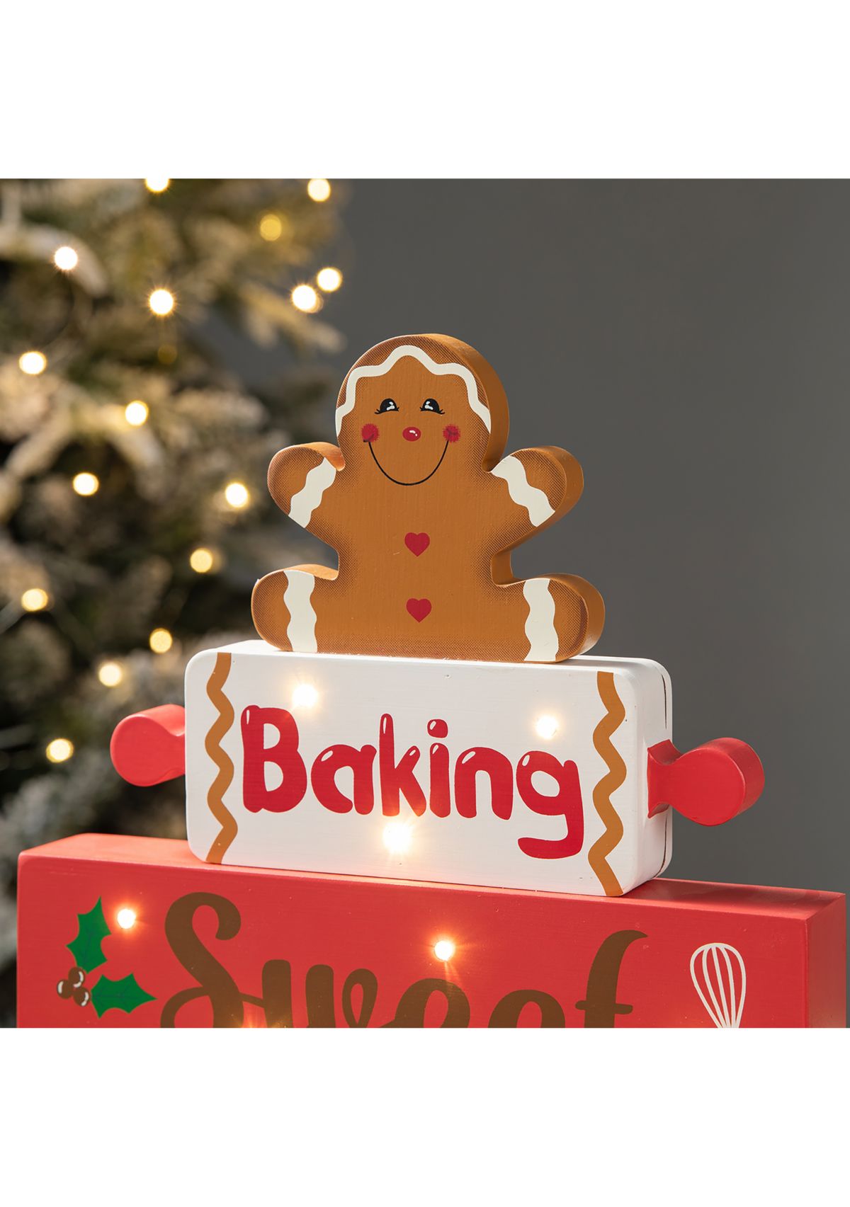 Lighted Wooden Christmas Gingerbread Man Block Table Decor